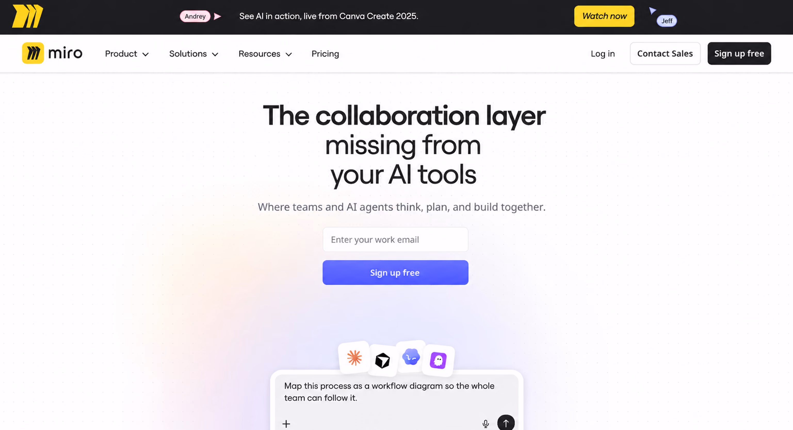 Miro website hero section with clean collaboration messaging, prominent signup CTA, and minimal AI workflow visual