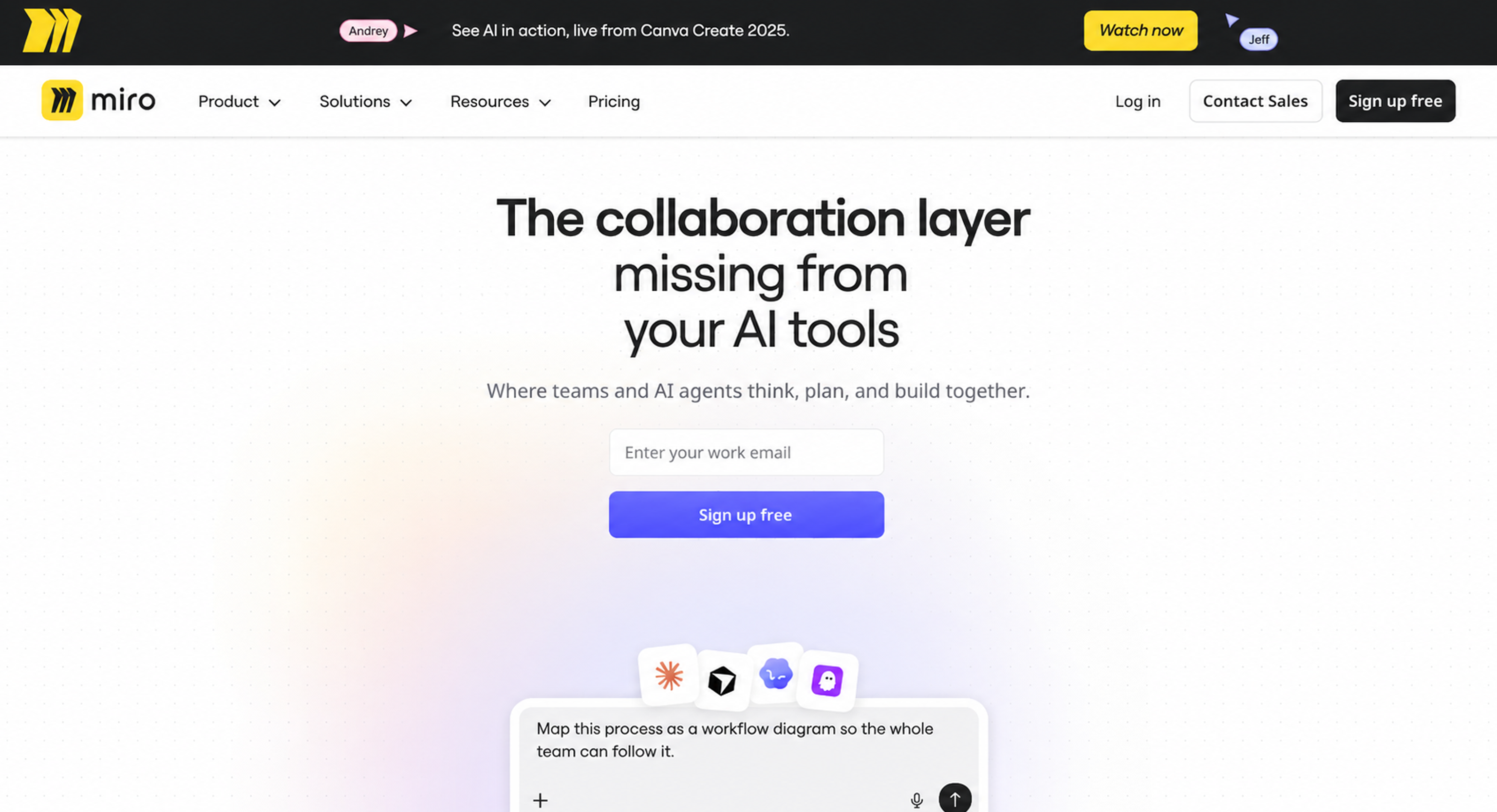 Miro website hero section with clean collaboration messaging, prominent signup CTA, and minimal AI workflow visual
