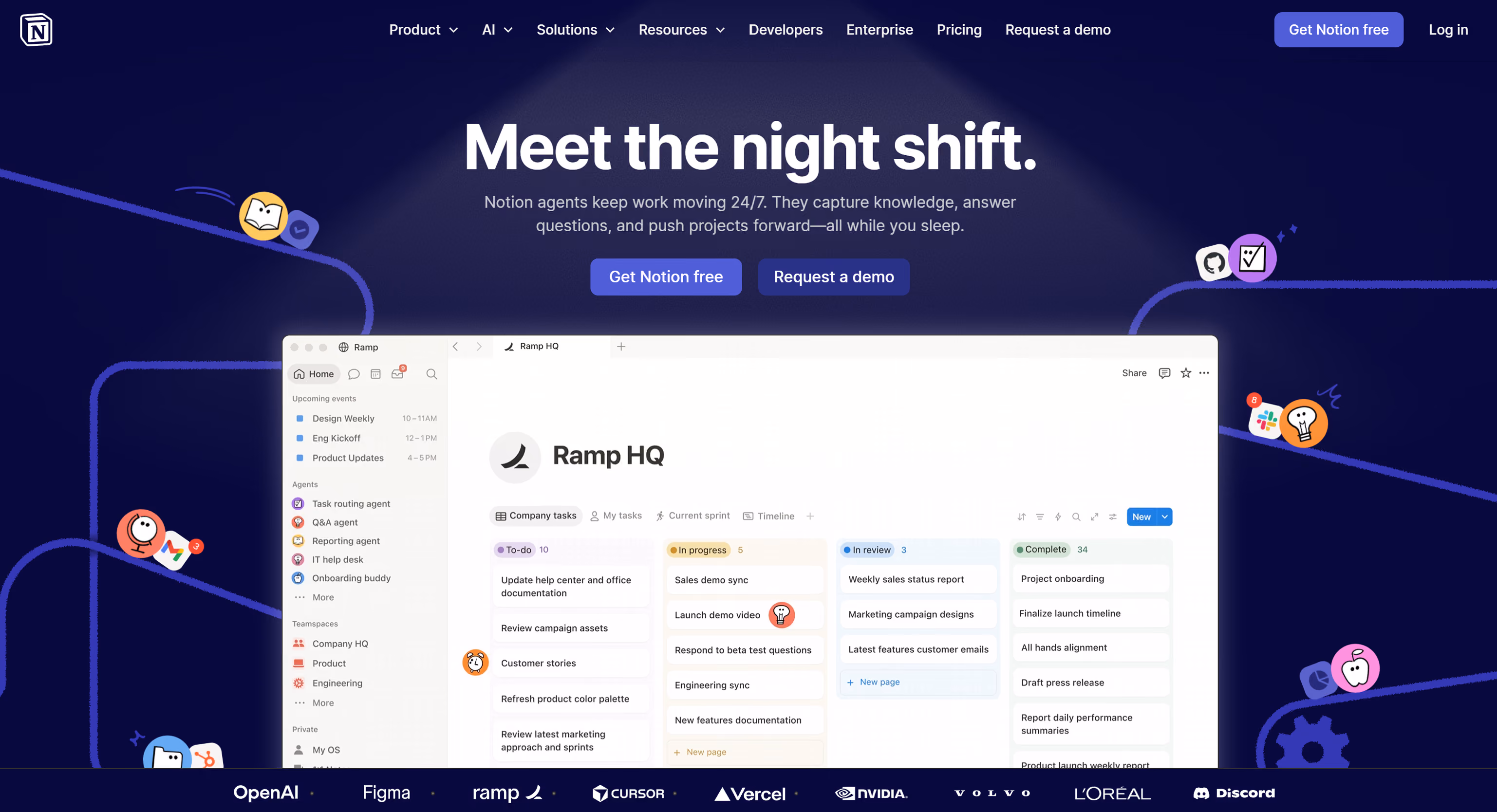 Notion website hero section with dark visual design, AI agent messaging, and a product dashboard preview