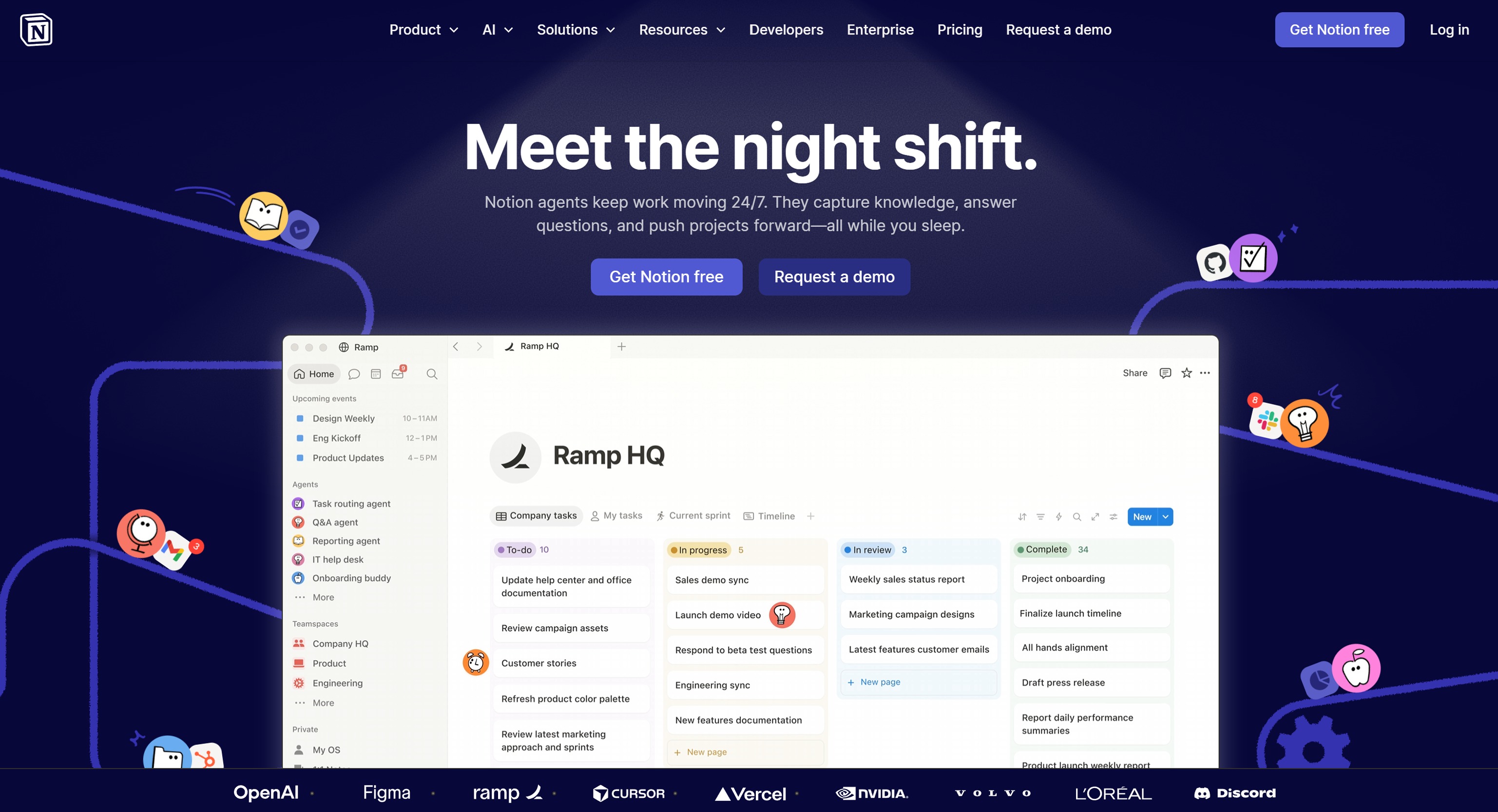 Notion website hero section with dark visual design, AI agent messaging, and a product dashboard preview