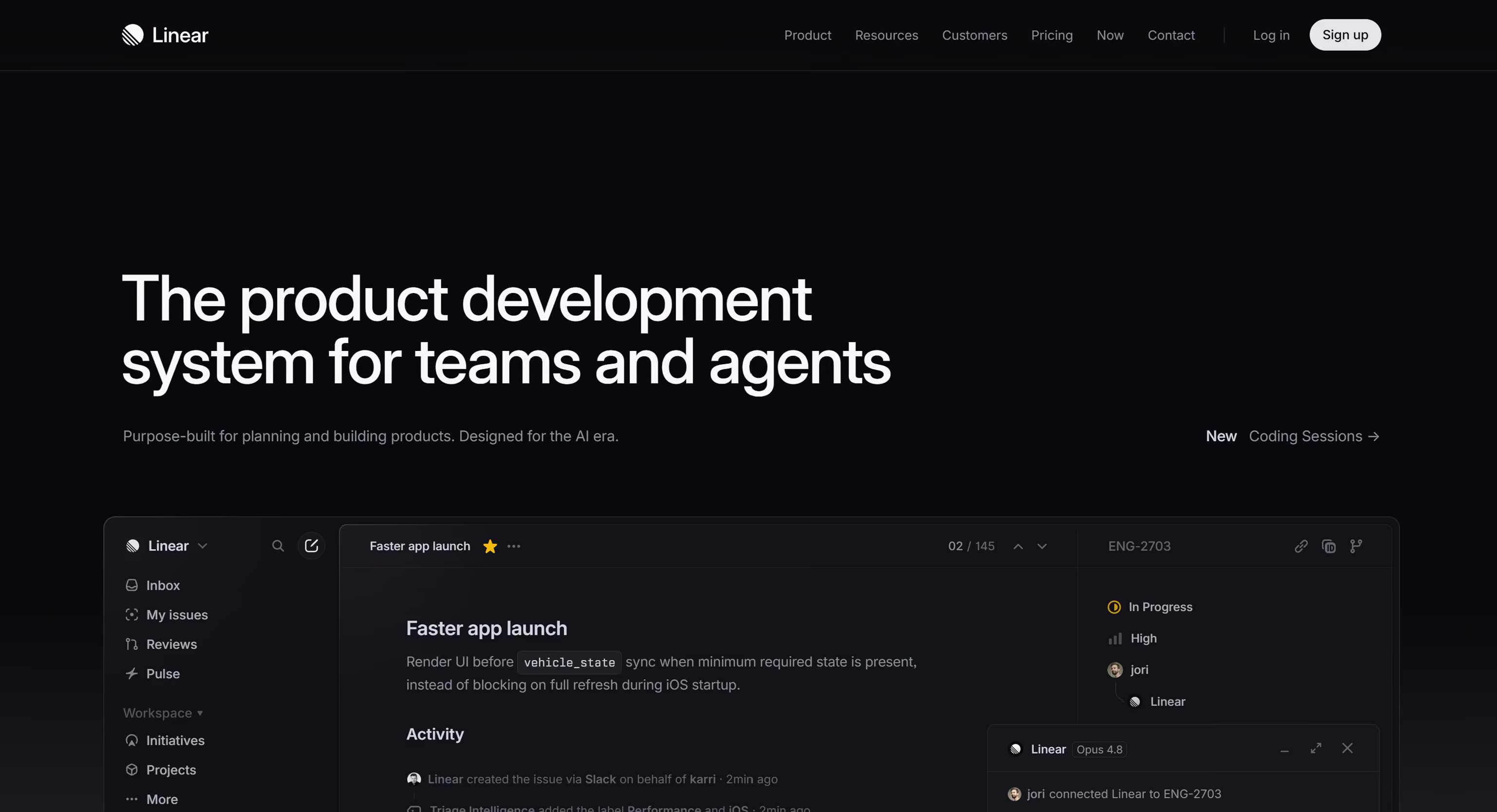 Linear website hero section with dark minimalist design, product development messaging, and a product interface preview