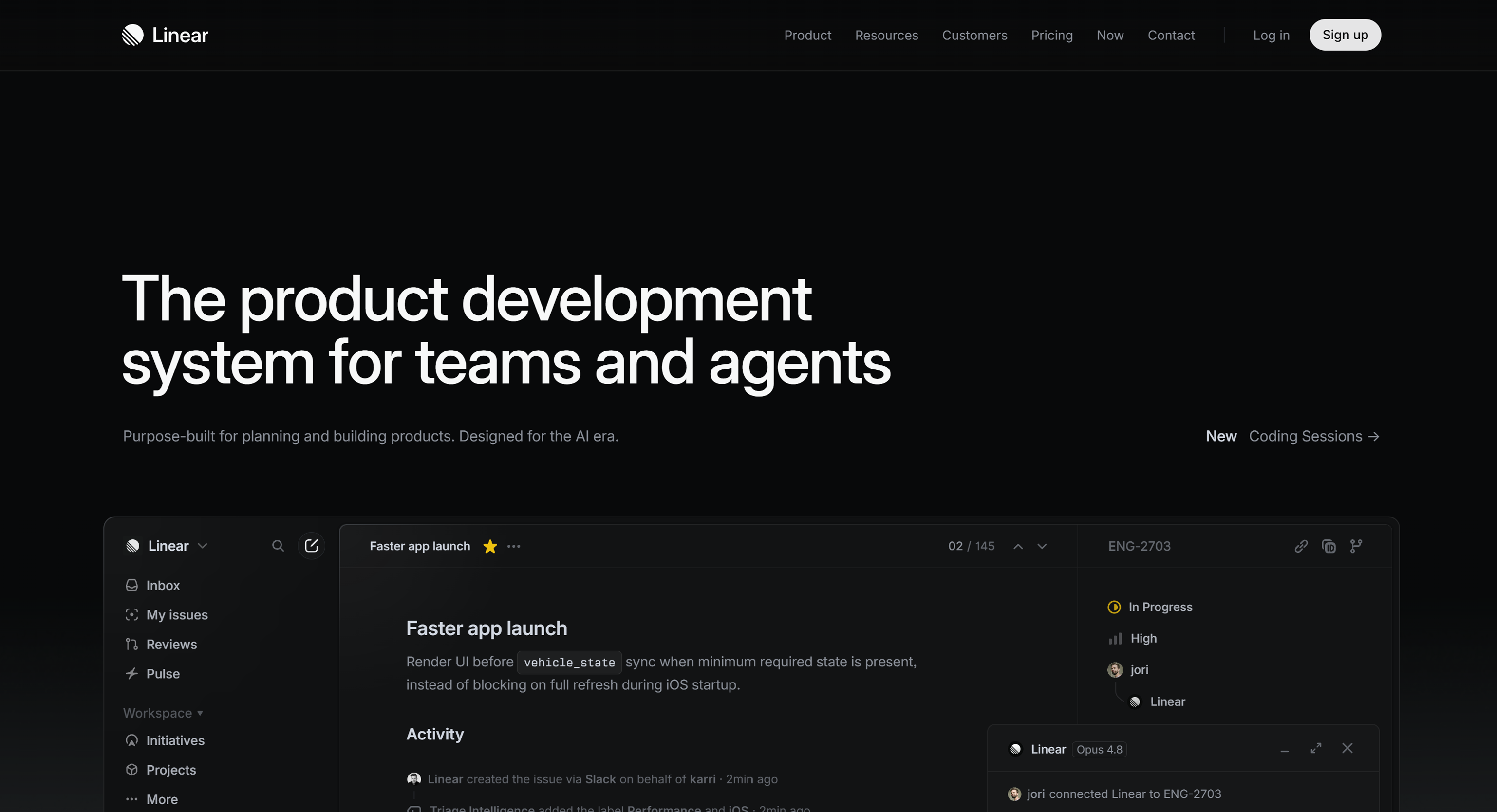 Linear website hero section with dark minimalist design, product development messaging, and a product interface preview