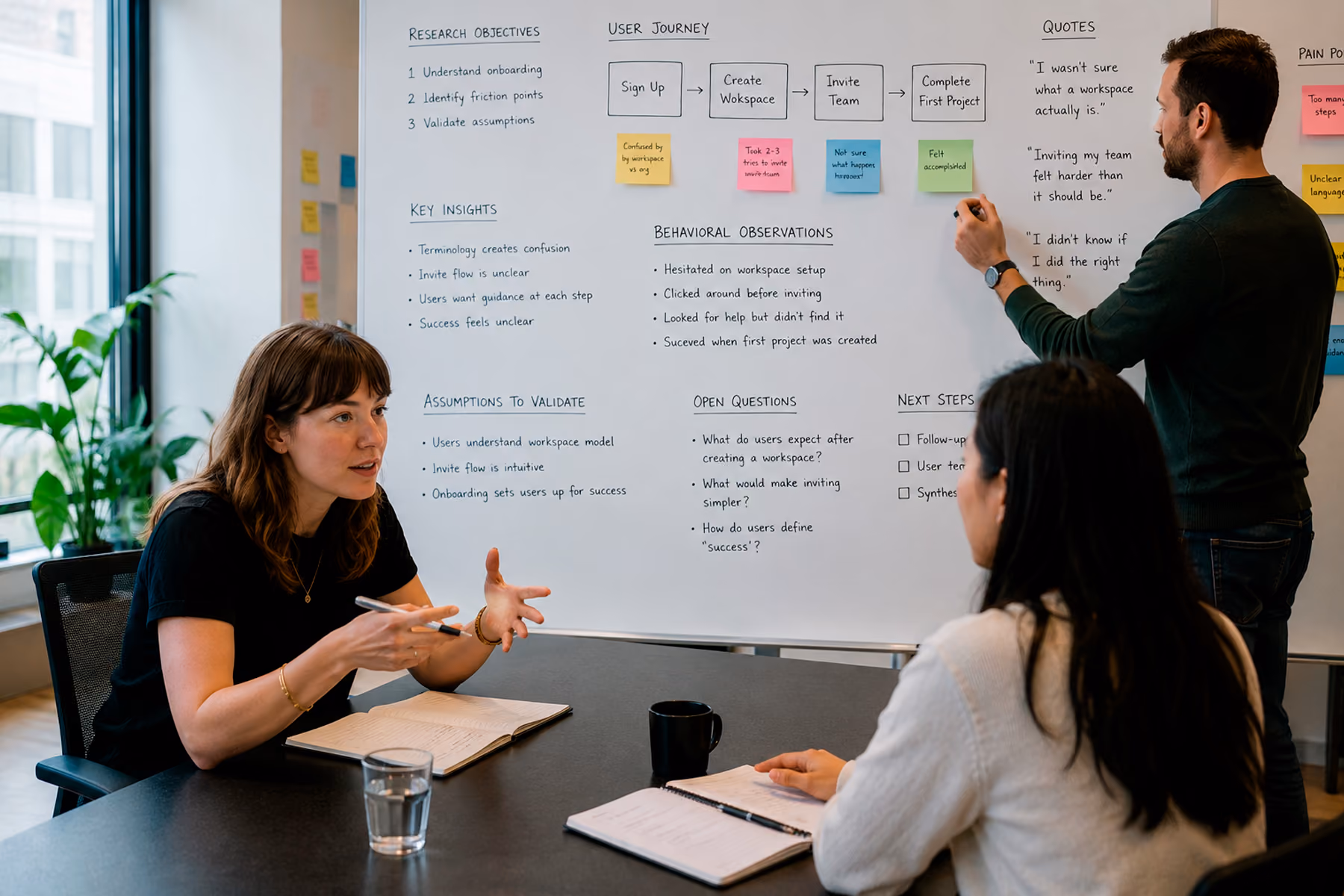 UX company researcher conducting user interview while colleague documents behavioral insights on whiteboard before design begins