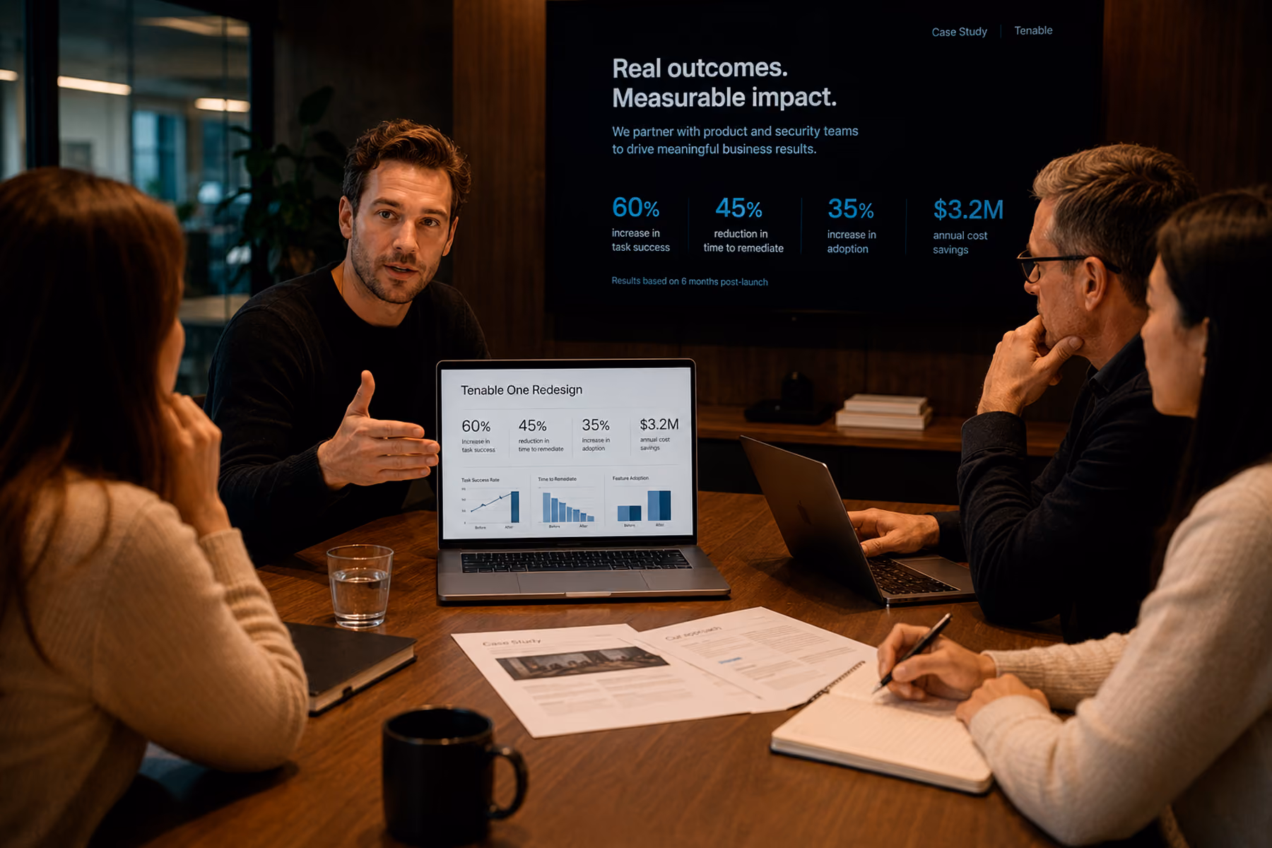 UX company representative presenting specific outcome metrics to client evaluation team during agency shortlist meeting