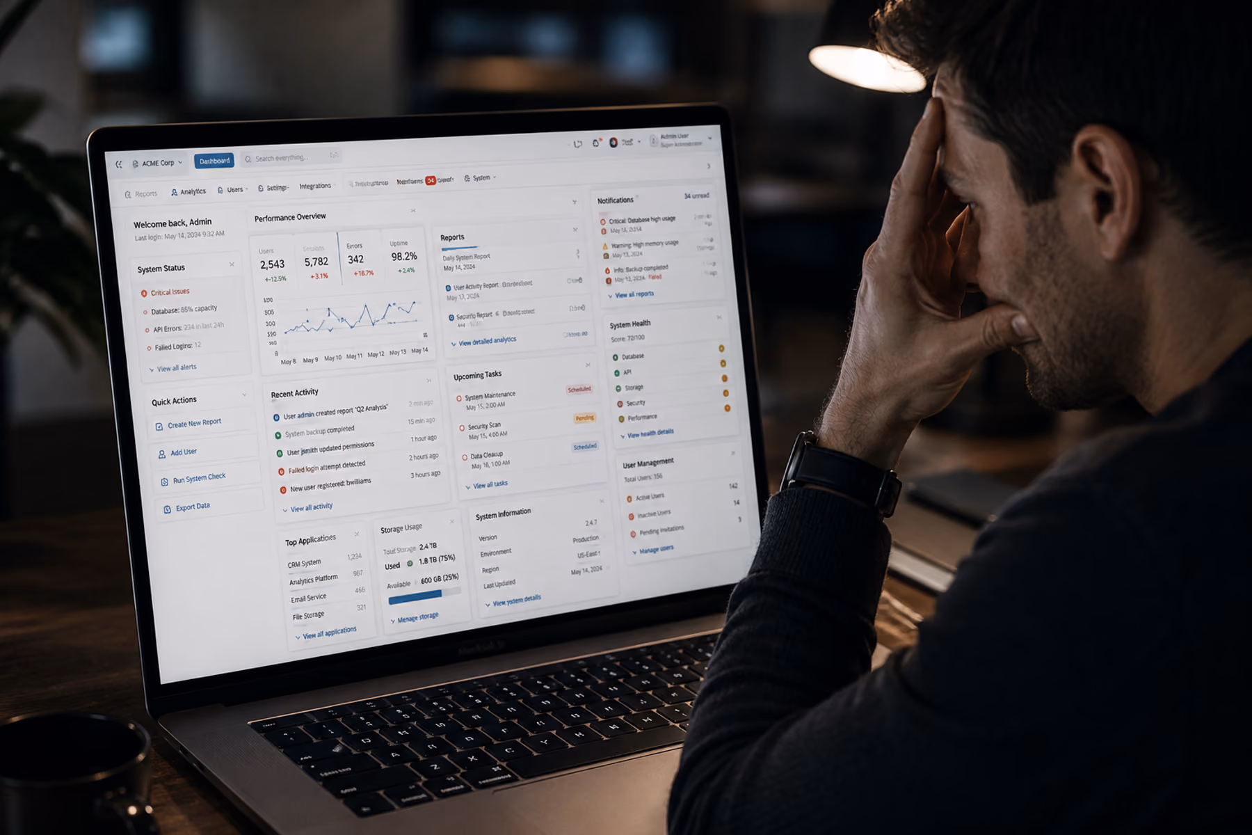 User experiencing quiet frustration with a confusing digital interface showing unclear UX hierarchy on laptop screen
