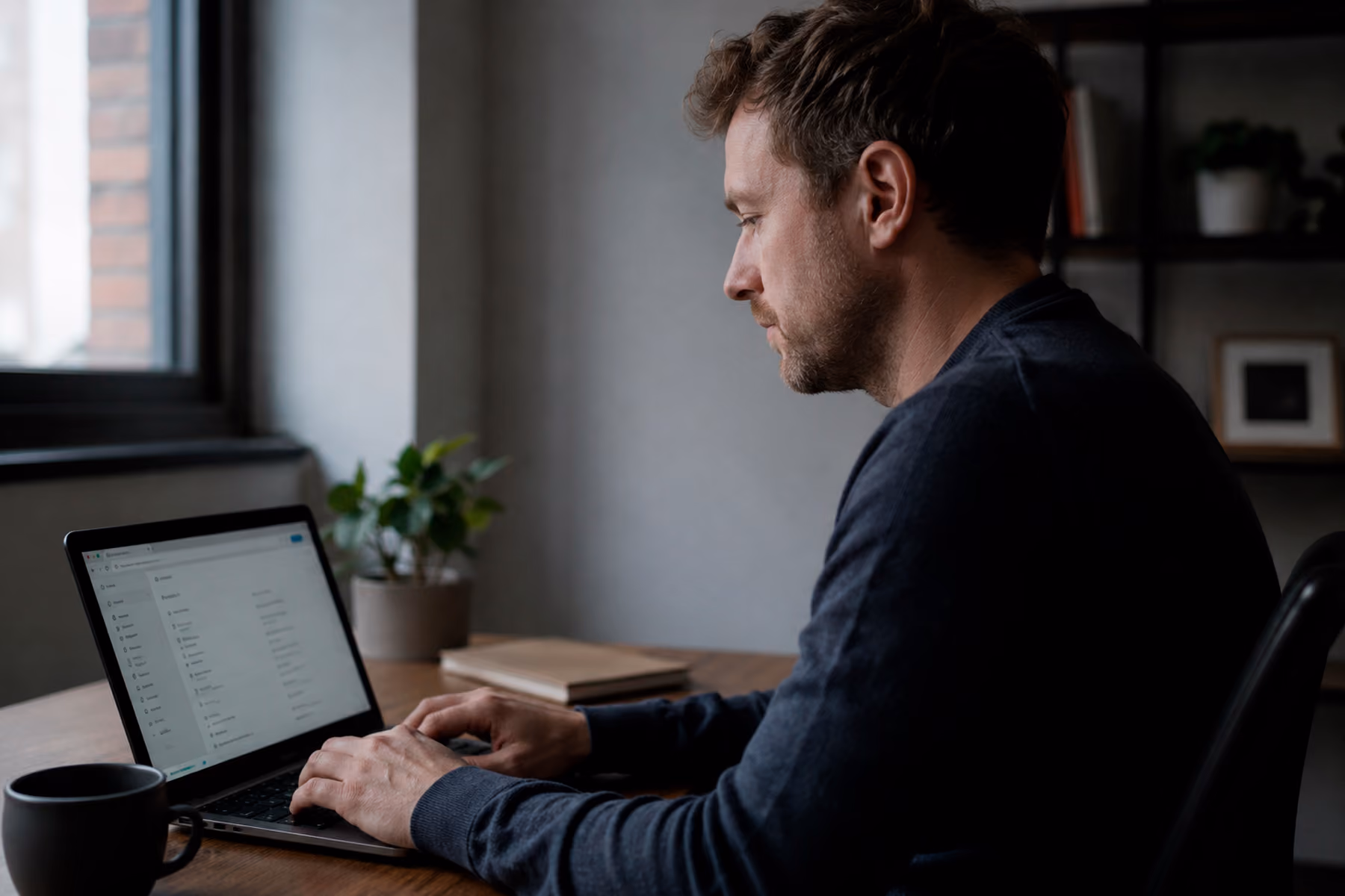 Person using a generic, forgettable digital product interface with a neutral, disengaged expression