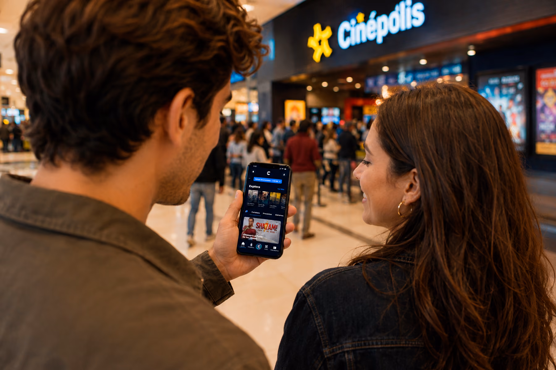 Couple at shopping mall using Cinépolis mobile app to book movie tickets on smartphone showing redesigned UX by WANDR