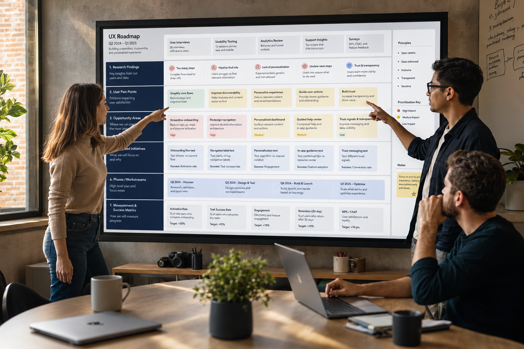 Product team reviewing a strategic UX roadmap with research findings and measurement criteria on a conference room screen