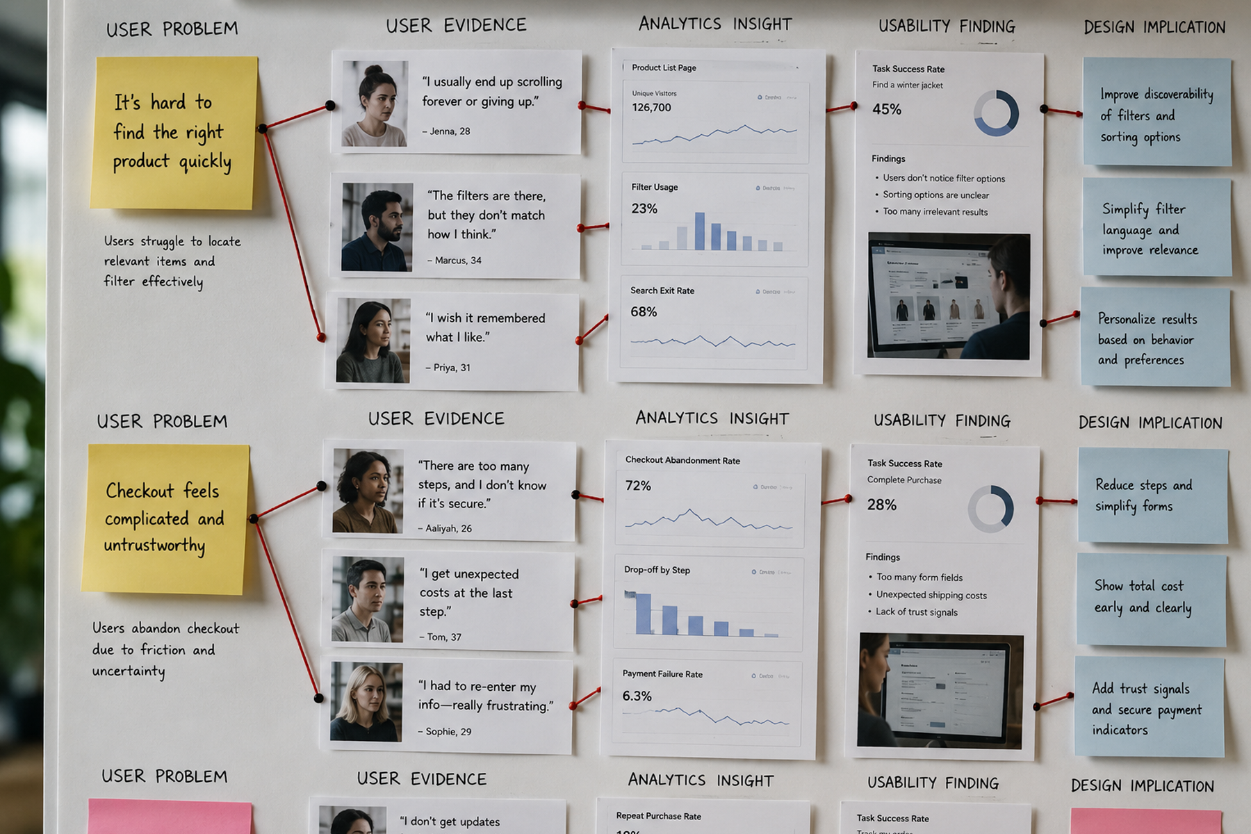 UX research wall showing organized usability testing findings, interview quotes, and analytics evidence connected to user problems