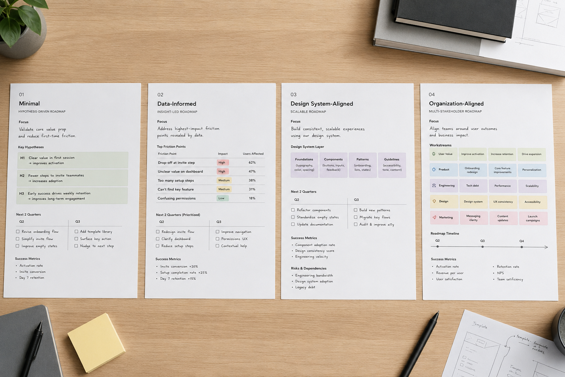 Four UX roadmap structures arranged showing progression from early-stage hypothesis validation to enterprise stakeholder complexity