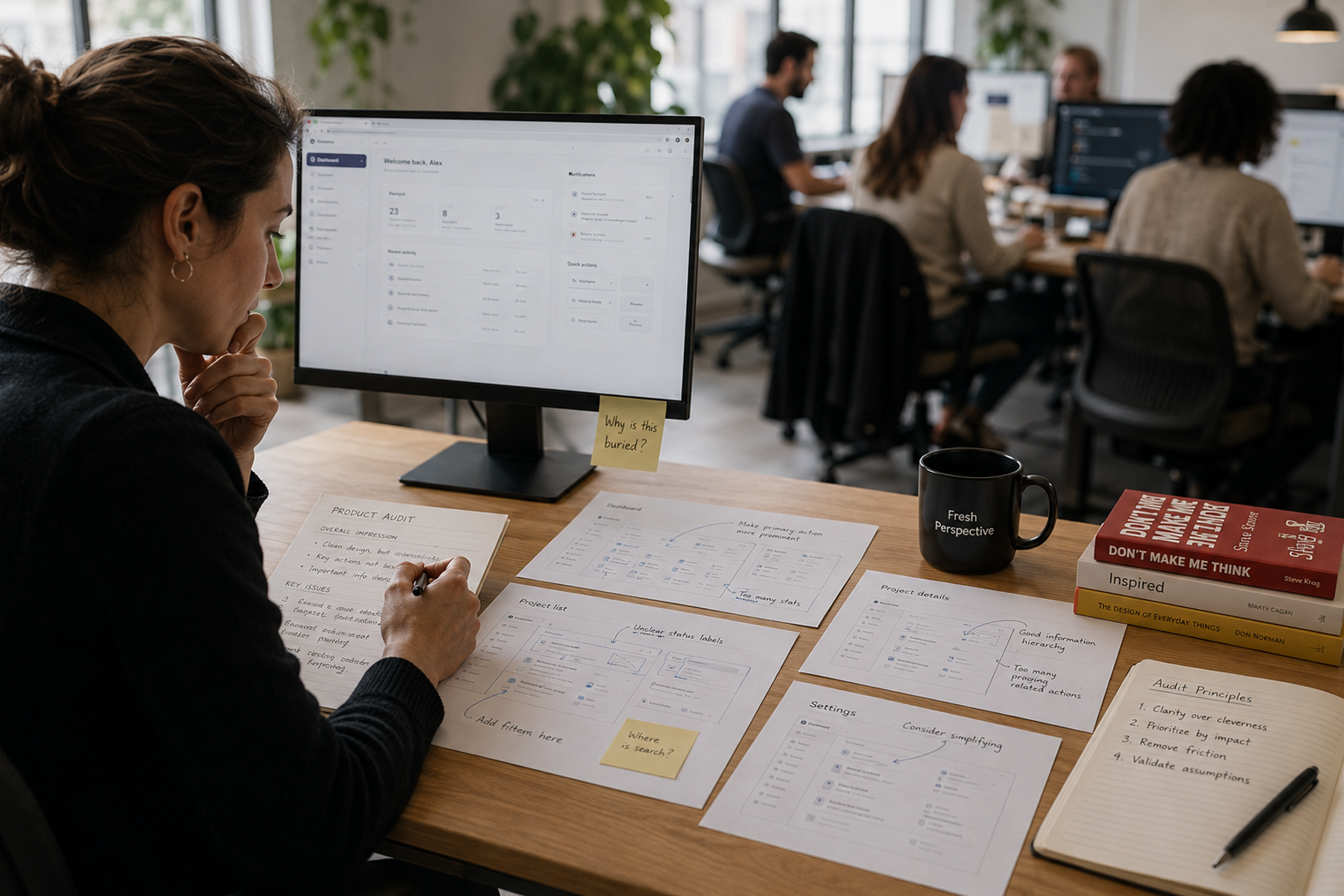 External UX consultant conducting independent product audit with annotated usability findings in a modern office