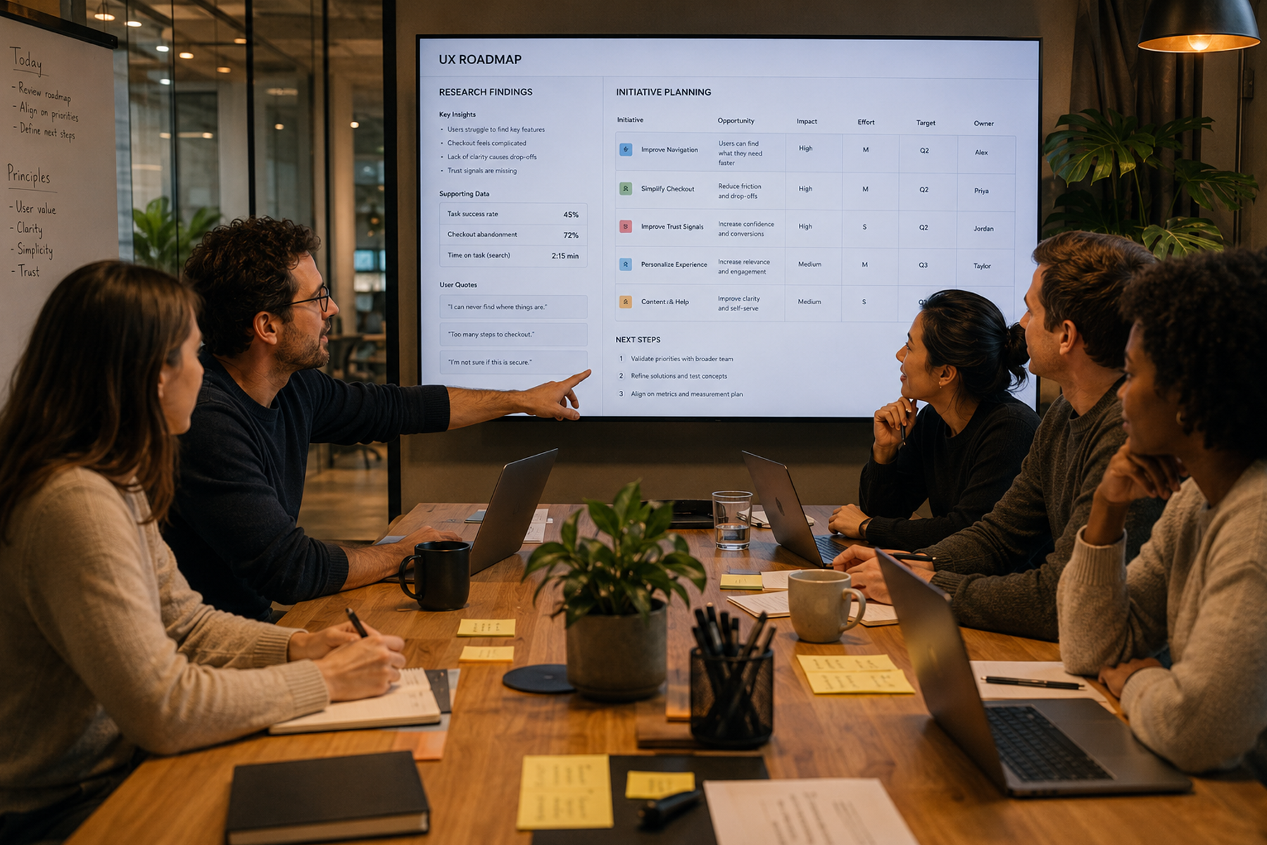 External UX consultant and internal product team collaborating on a hybrid UX roadmap combining research and execution