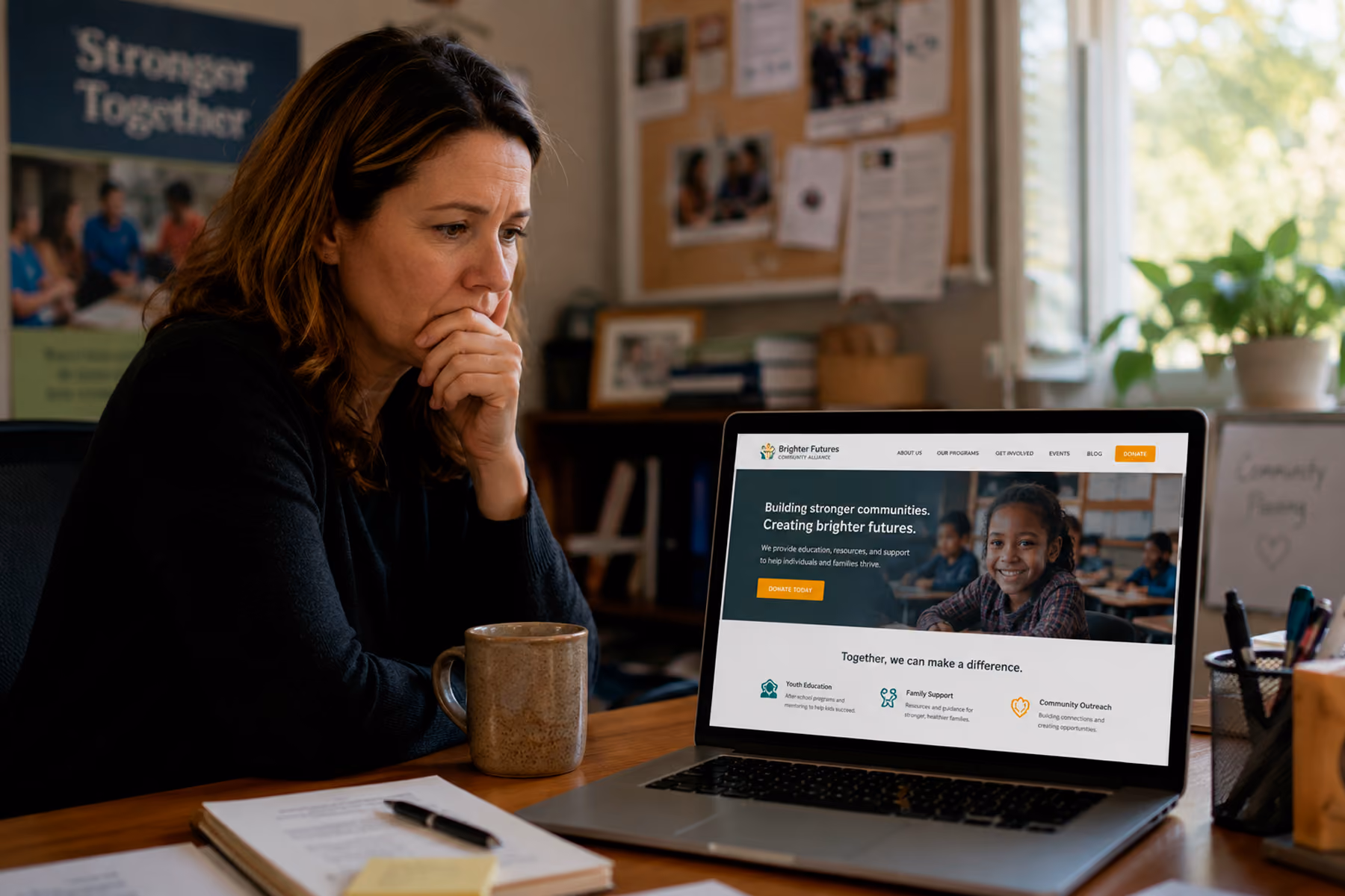 Nonprofit leader looking at their own website with quiet concern, recognizing it isn't building enough trust