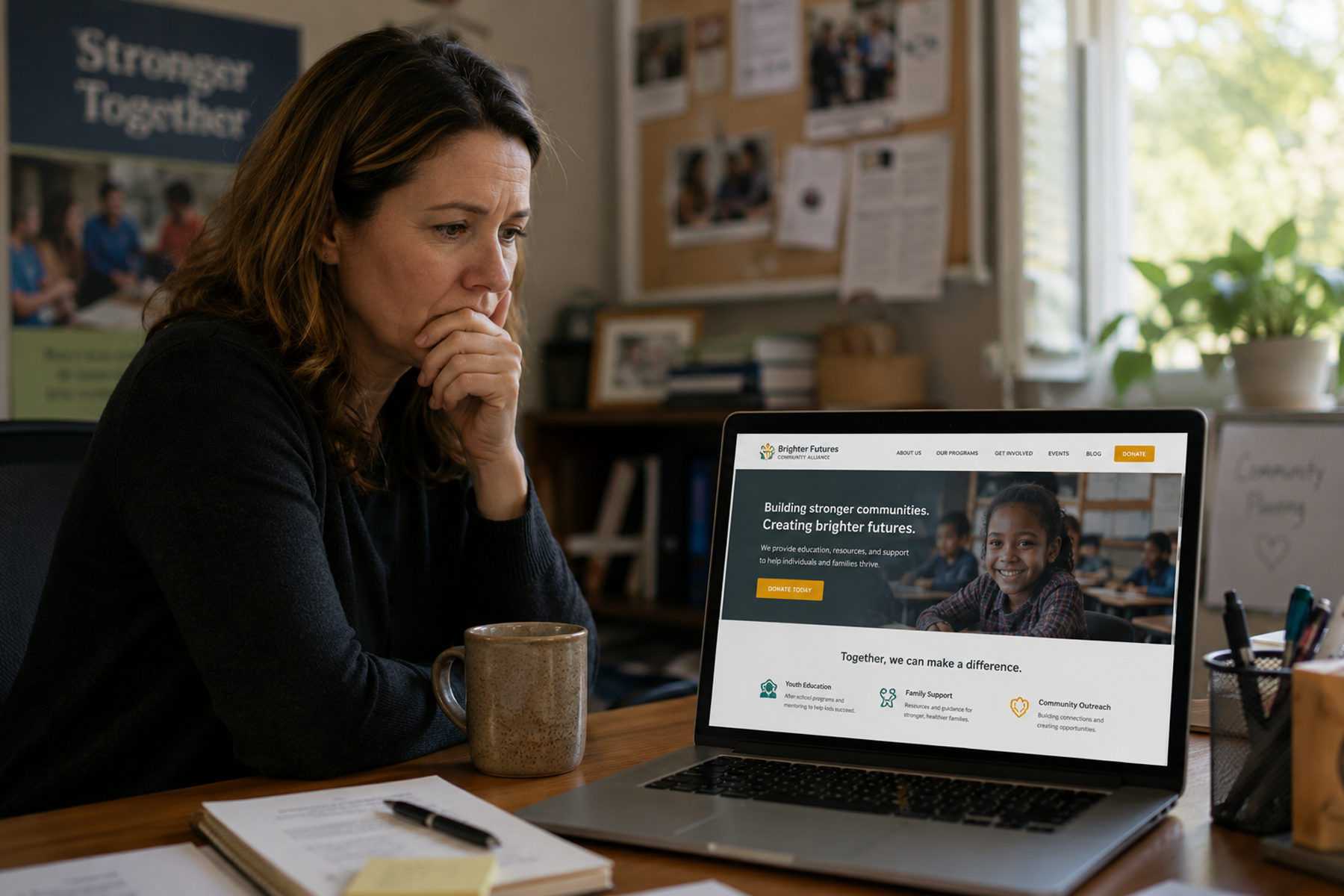 Nonprofit leader looking at their own website with quiet concern, recognizing it isn't building enough trust