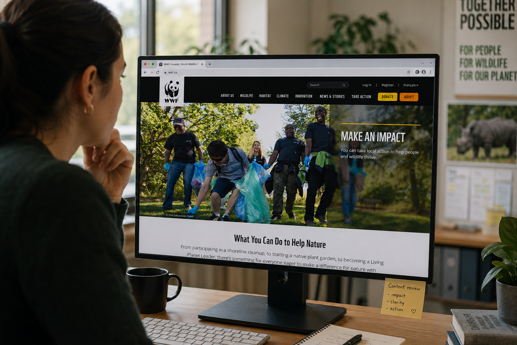 WWF Canada donor conversion website redesigned by WANDR displayed on monitor showing bilingual content and donation flow