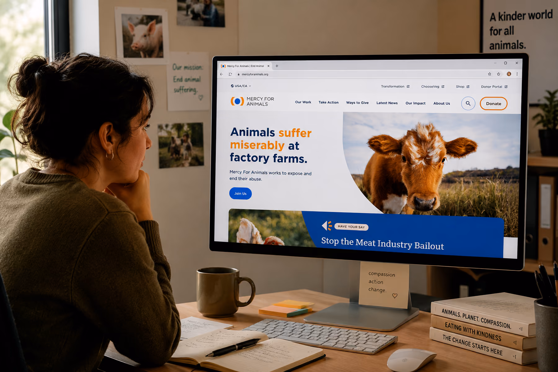 Mercy For Animals campaign page template redesigned by WANDR displayed on monitor showing unified donation and storytelling flow