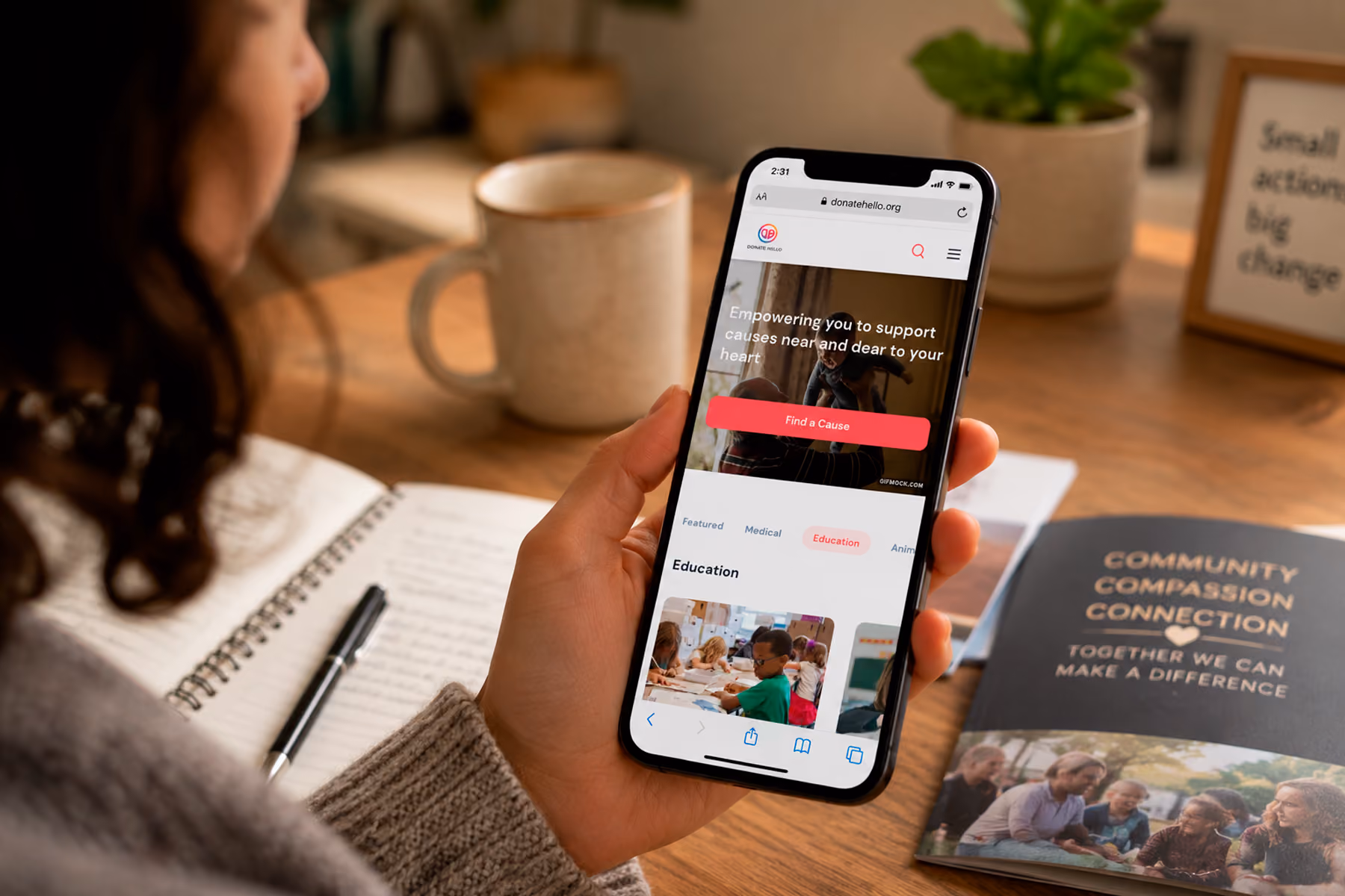 DonateHello nonprofit donation platform redesigned by WANDR shown on smartphone with cause discovery and donation flow