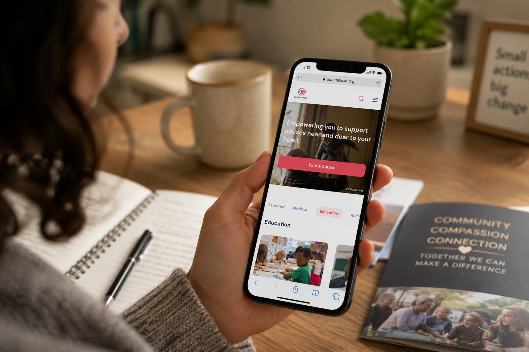 DonateHello nonprofit donation platform redesigned by WANDR shown on smartphone with cause discovery and donation flow