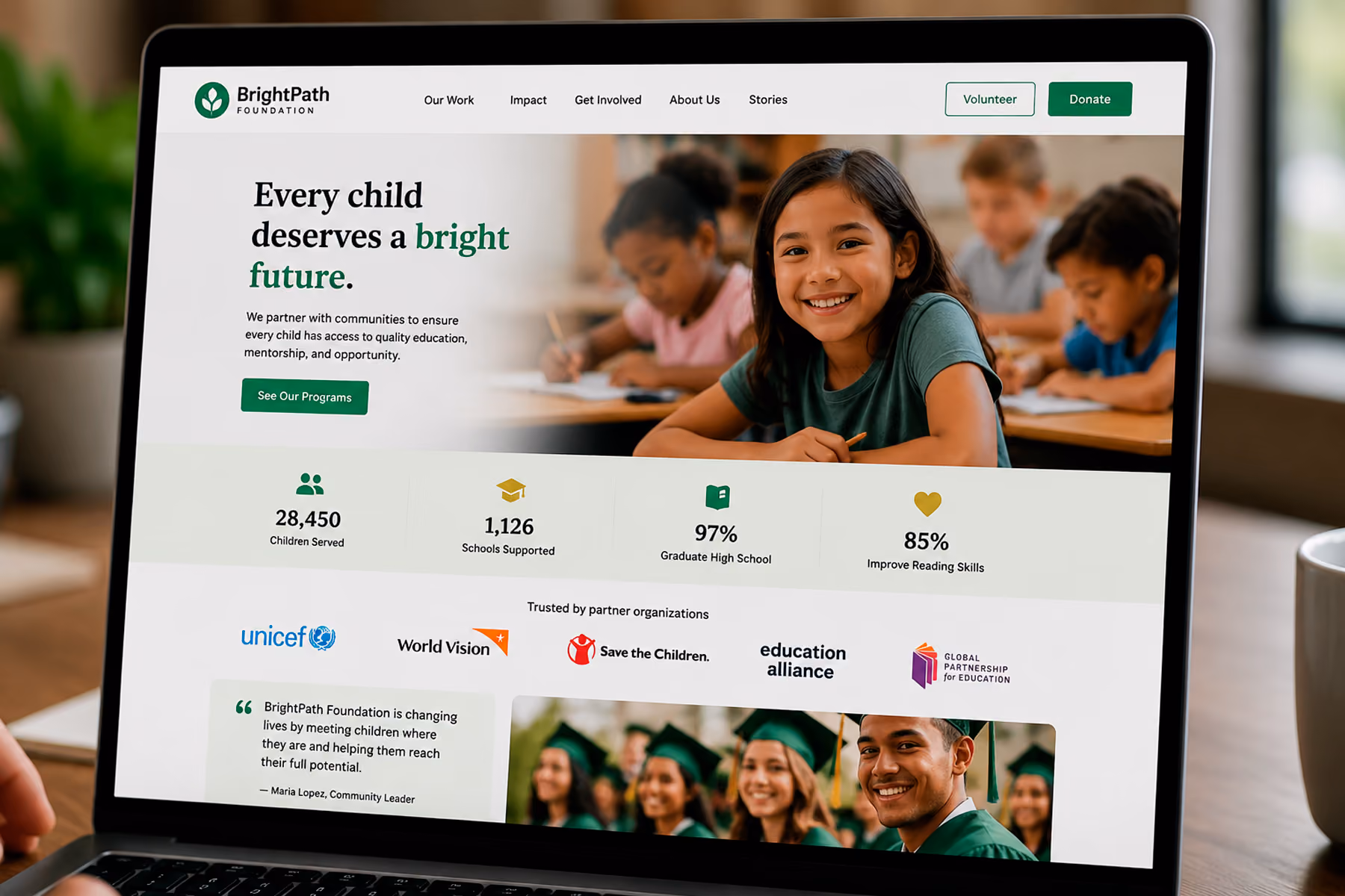 Nonprofit homepage design showing trust architecture elements including impact stats, testimonials, and partner logos