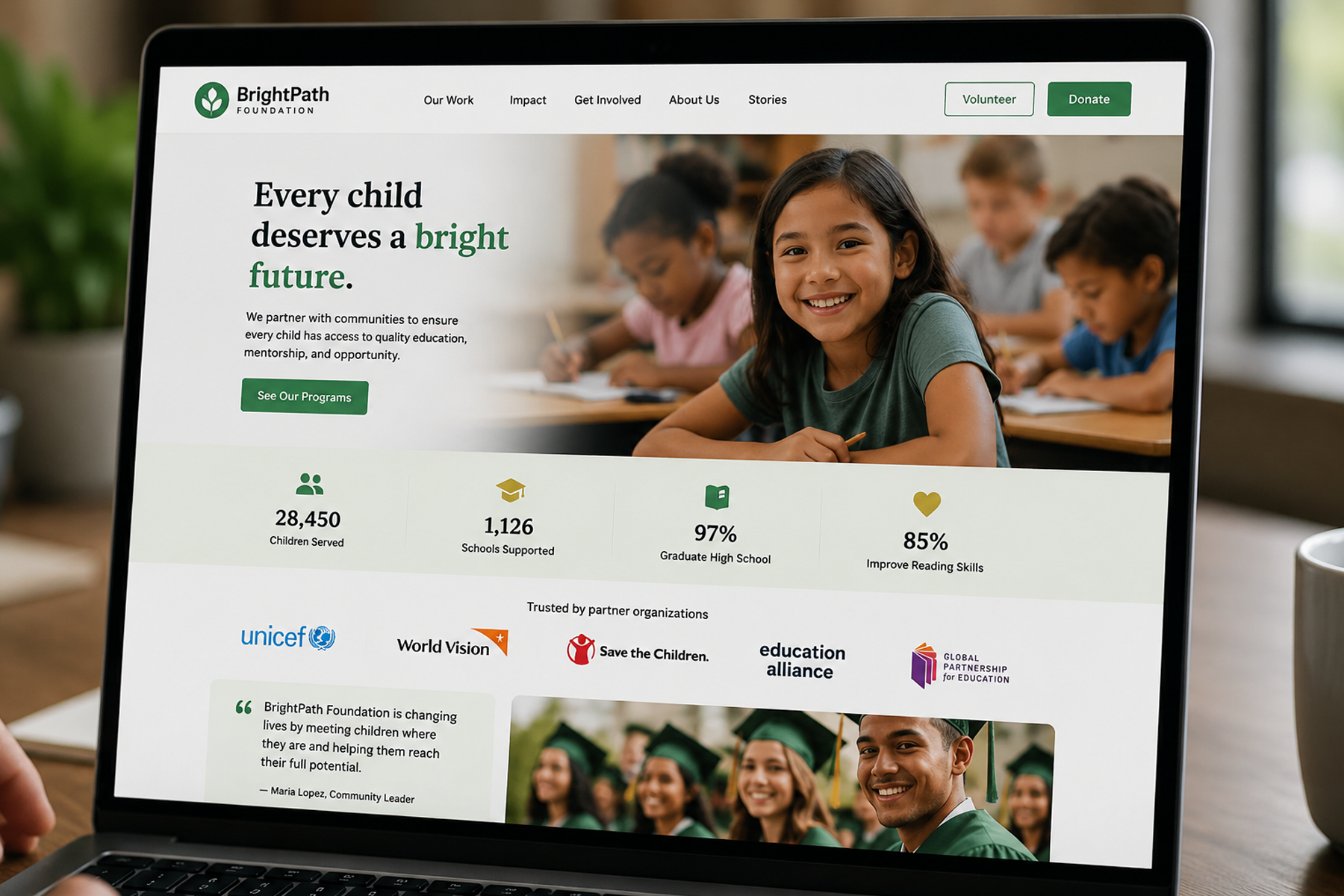 Nonprofit homepage design showing trust architecture elements including impact stats, testimonials, and partner logos