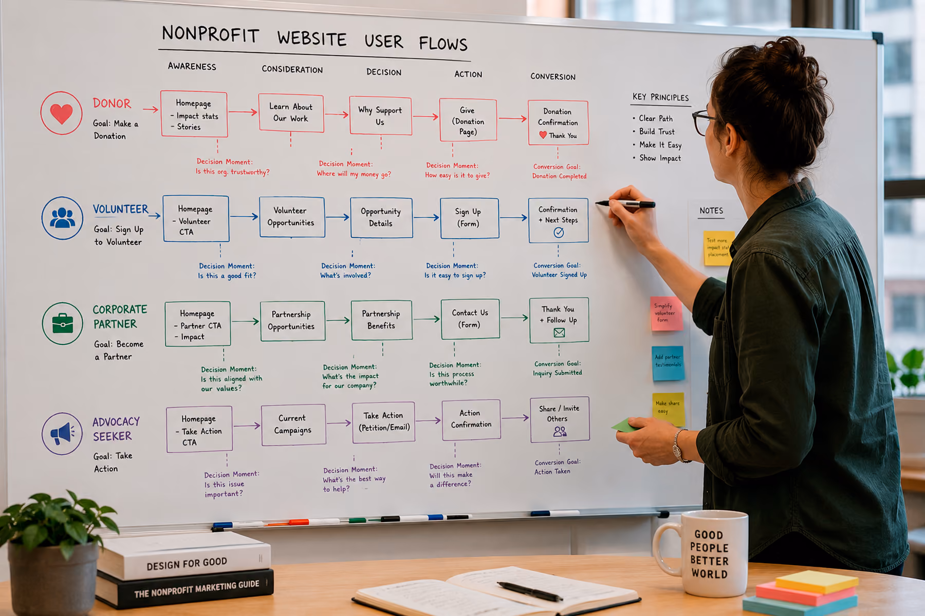 UX strategist mapping four distinct nonprofit user flows for donors, volunteers, corporate partners, and advocacy seekers on whiteboard