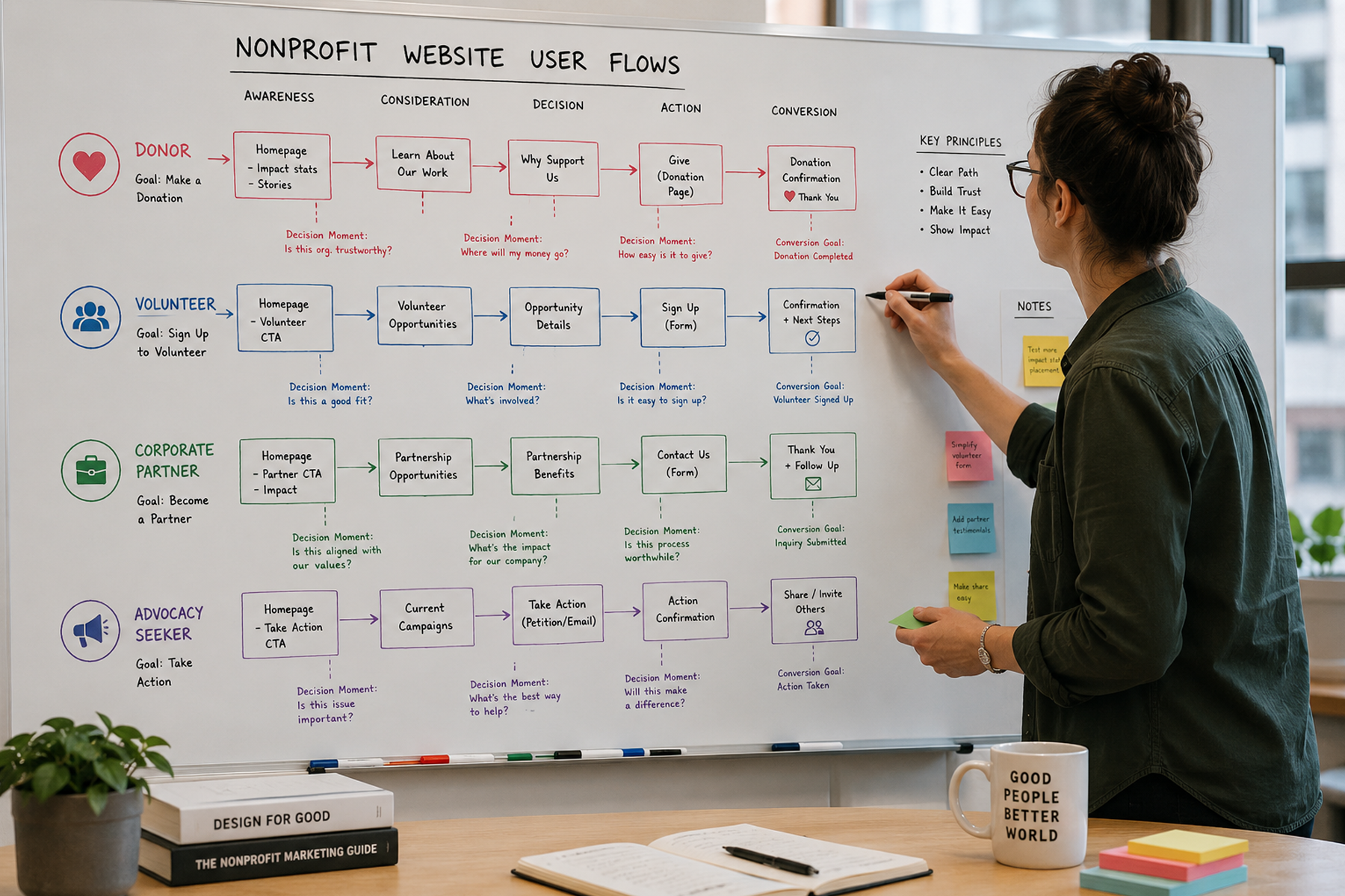 UX strategist mapping four distinct nonprofit user flows for donors, volunteers, corporate partners, and advocacy seekers on whiteboard