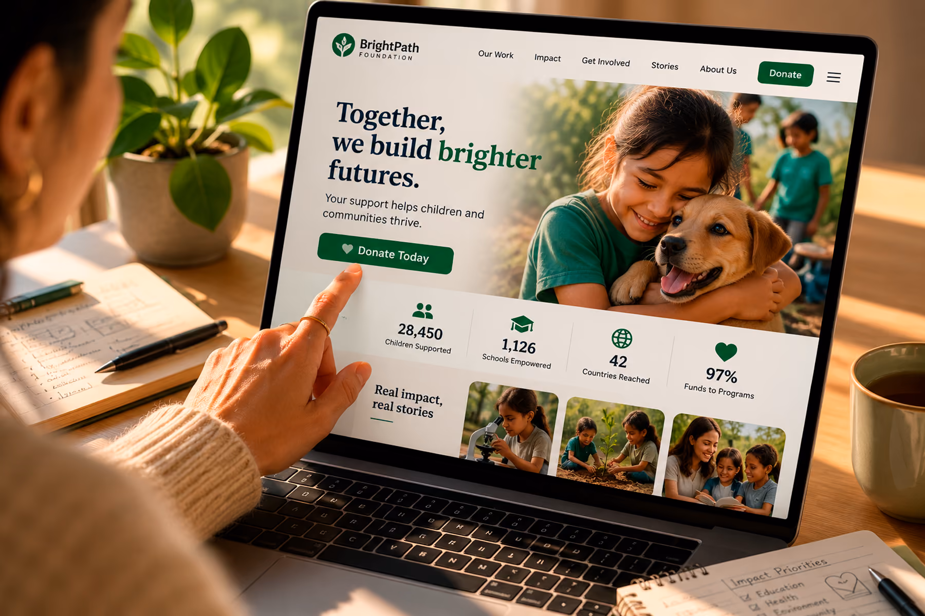 Person about to click donate button on a well-designed nonprofit website showing impact statistics and clear call to action