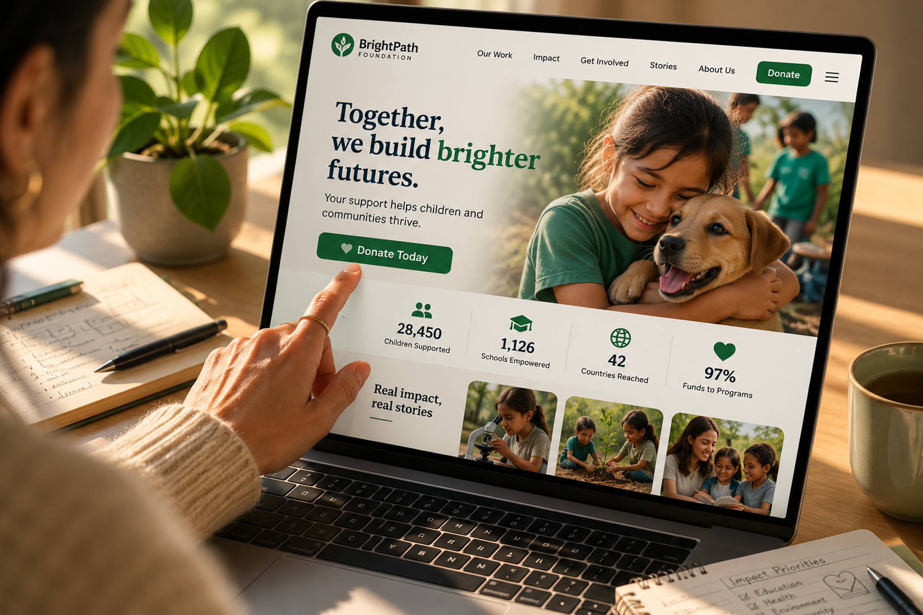 Person about to click donate button on a well-designed nonprofit website showing impact statistics and clear call to action