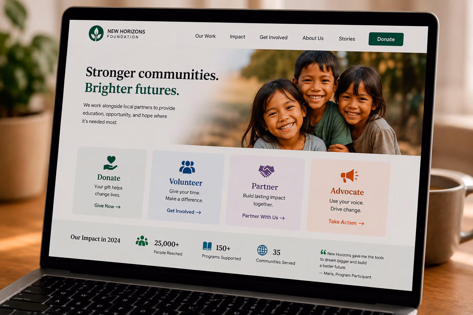 Nonprofit homepage design showing four clear user pathways for donate, volunteer, partner, and advocate navigation