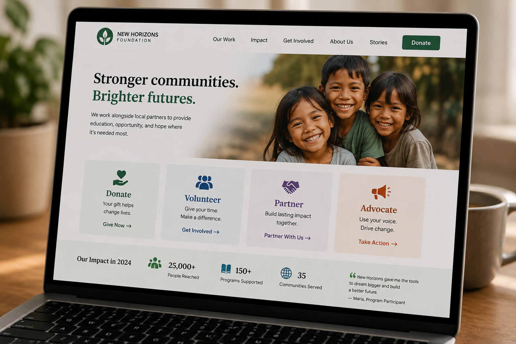 Nonprofit homepage design showing four clear user pathways for donate, volunteer, partner, and advocate navigation