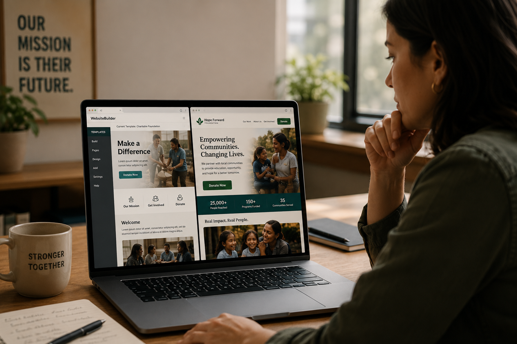 Nonprofit leader evaluating website builder template versus custom website design on laptop screen