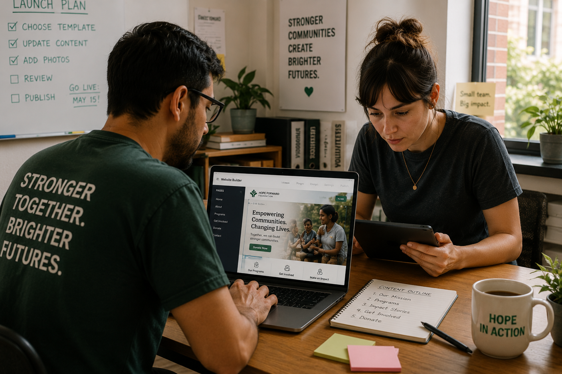 Small nonprofit team configuring a website builder template to launch quickly on a limited budget
