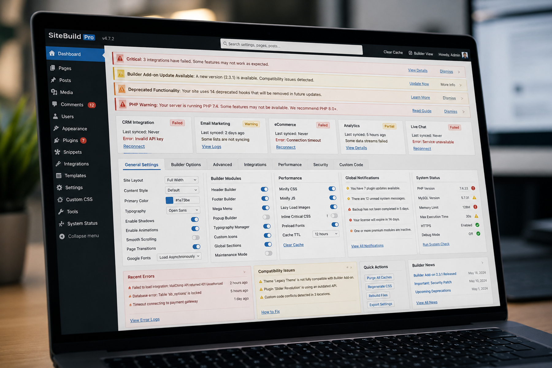 Website builder admin dashboard showing multiple plugin warnings and broken integration notifications signaling outgrown platform