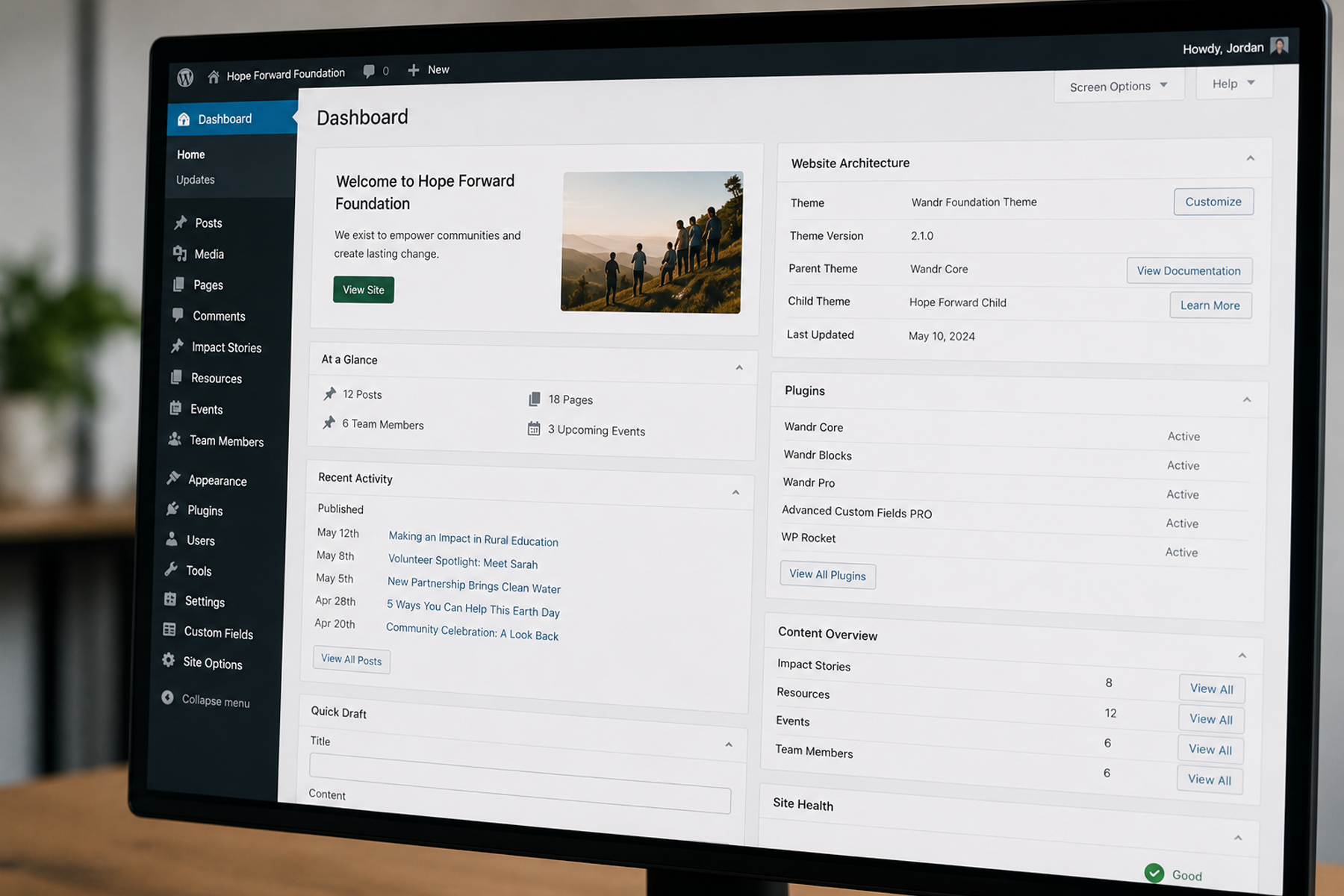 Clean optimized WordPress admin dashboard showing structured theme architecture and curated plugin setup for nonprofit website