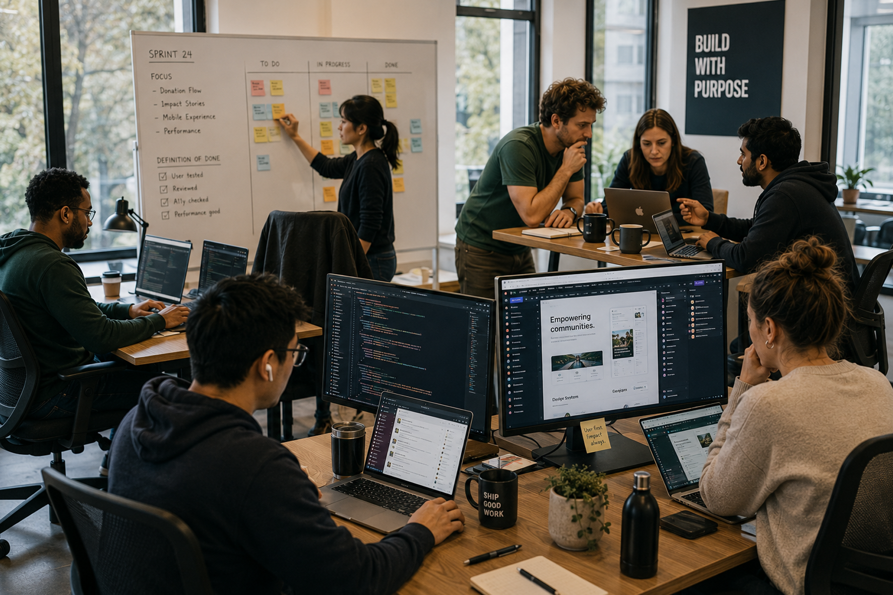 Product team workspace at peak capacity during intensive sprint showing scalable staff augmentation delivery model