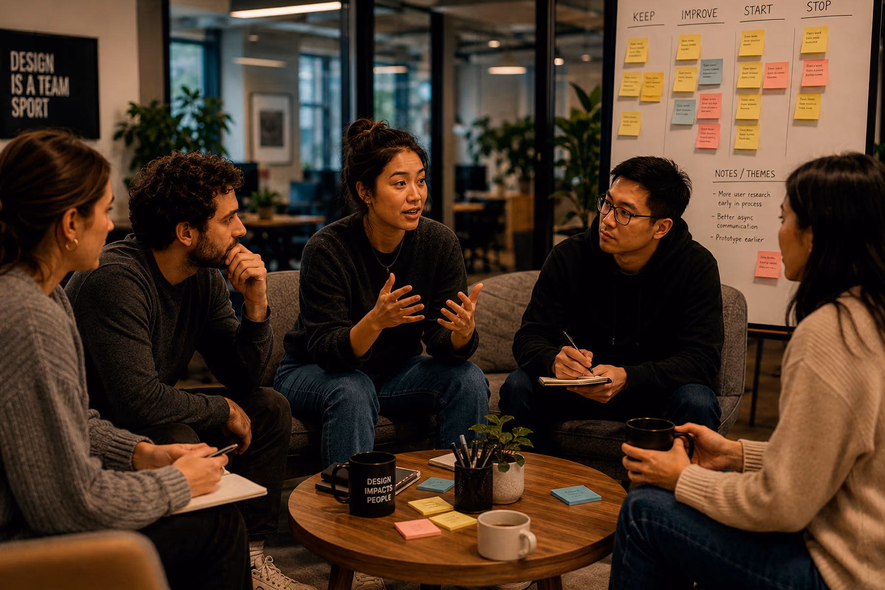 Design team retrospective session showing fully integrated augmented UX designer participating naturally with internal team