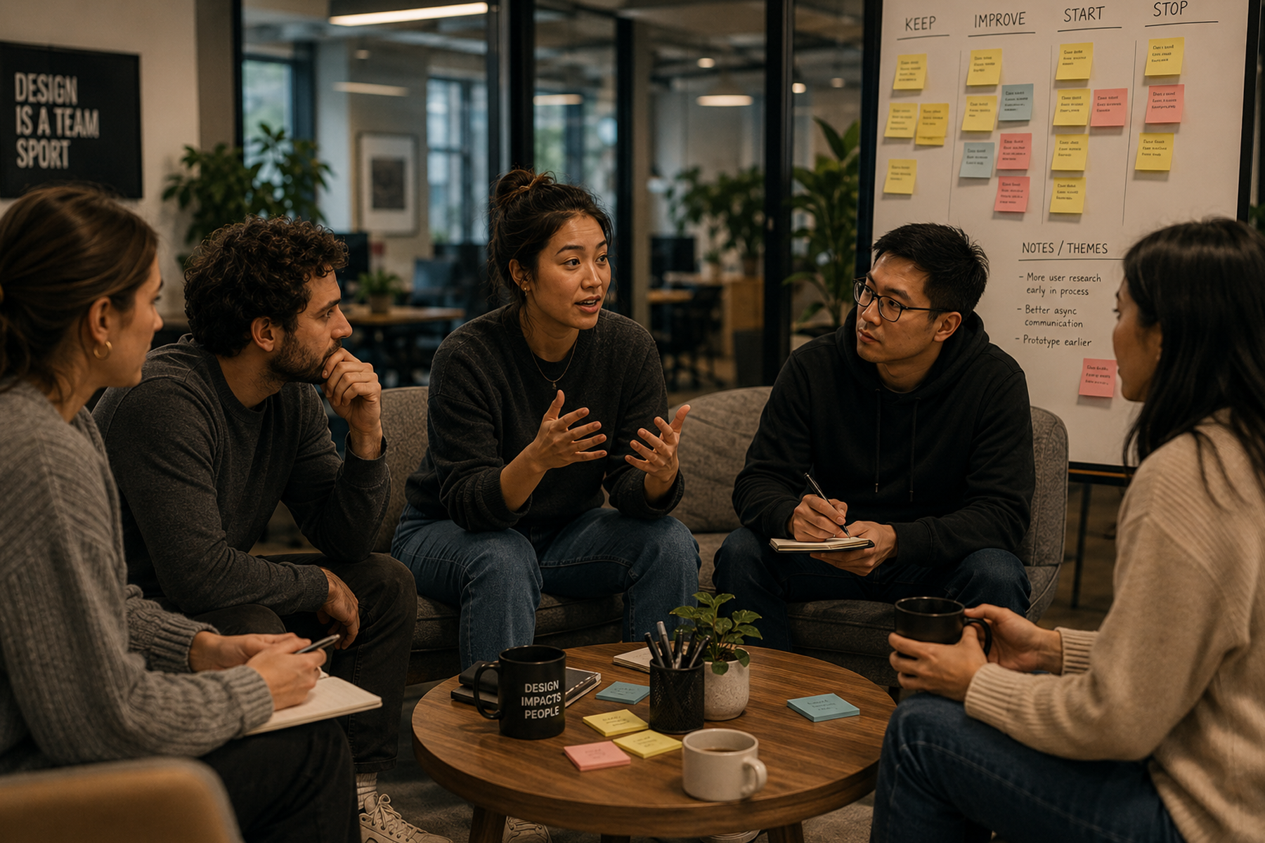 Design team retrospective session showing fully integrated augmented UX designer participating naturally with internal team