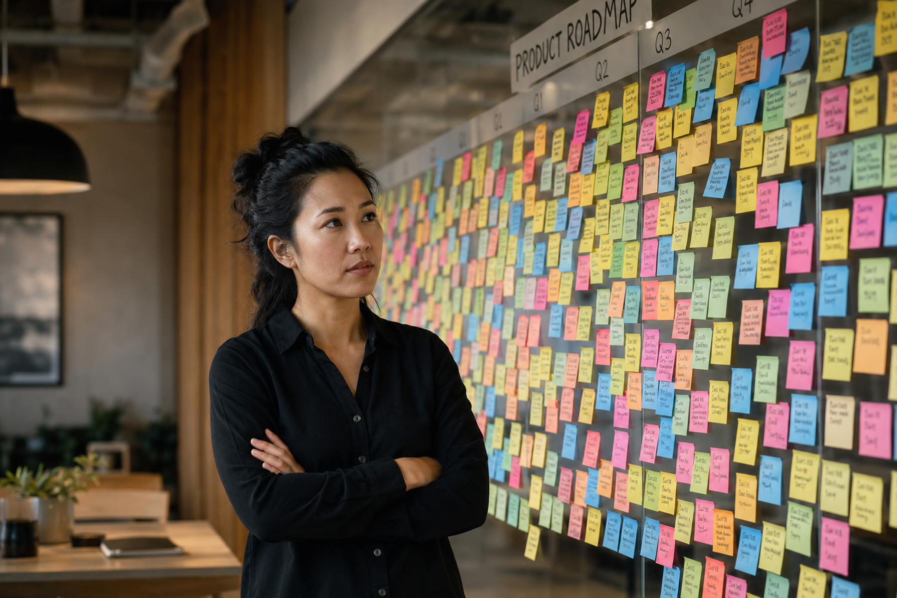Product leader reviewing an overflowing roadmap on glass wall showing UX design team capacity strain