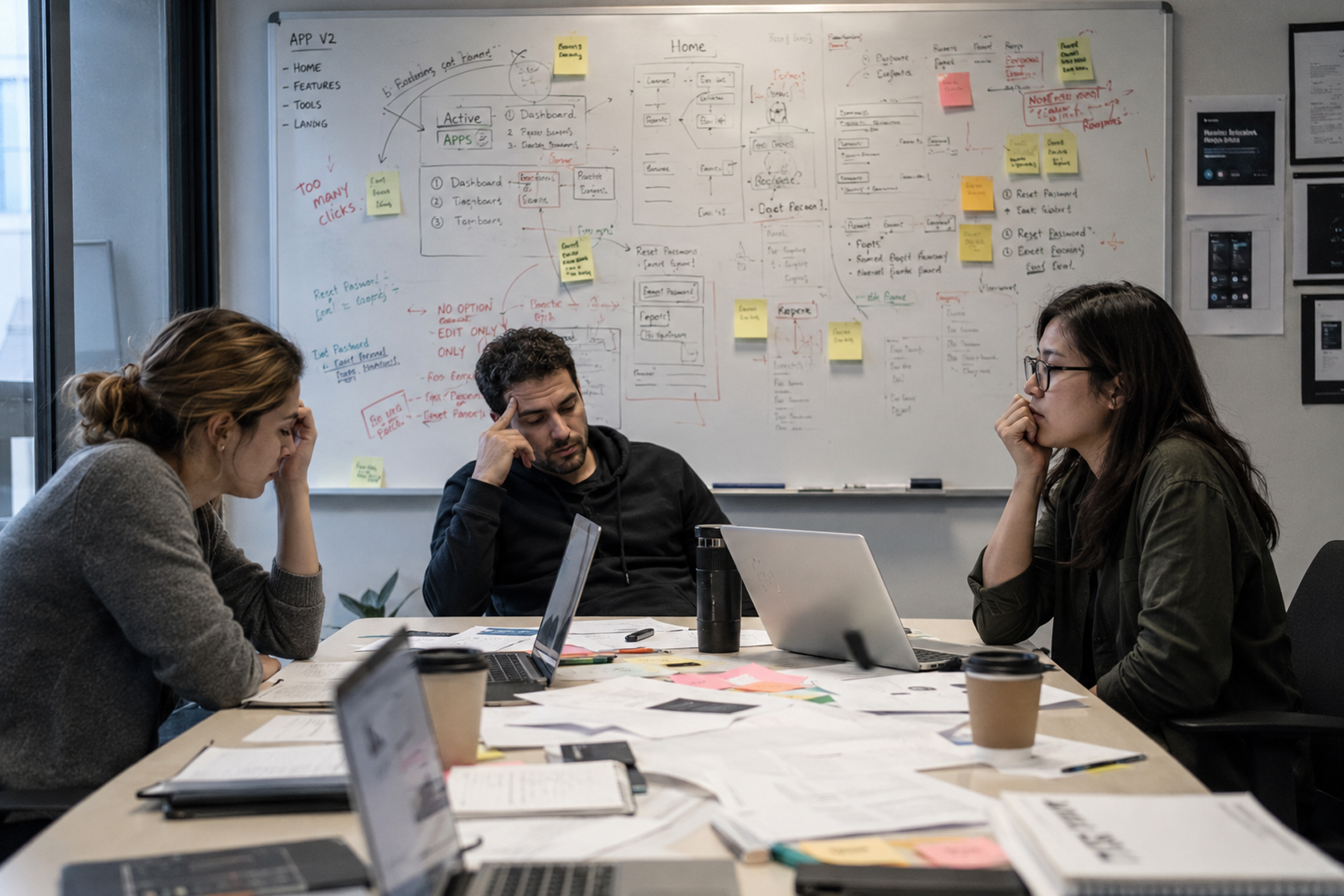 Strained design review session showing signs of UX team overload and broken team structure in high-growth company