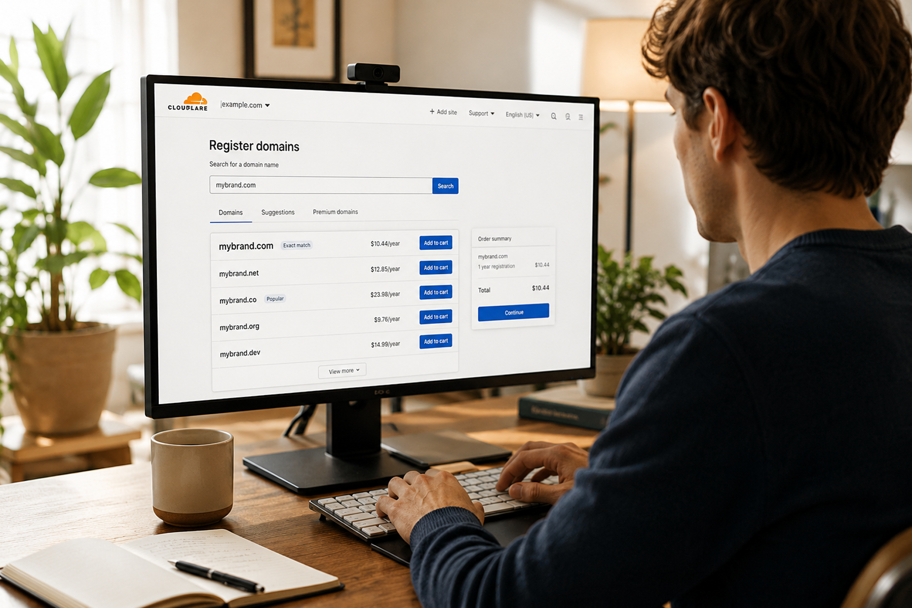 Person registering a nonprofit website domain on Cloudflare while setting up a new website from a home office.