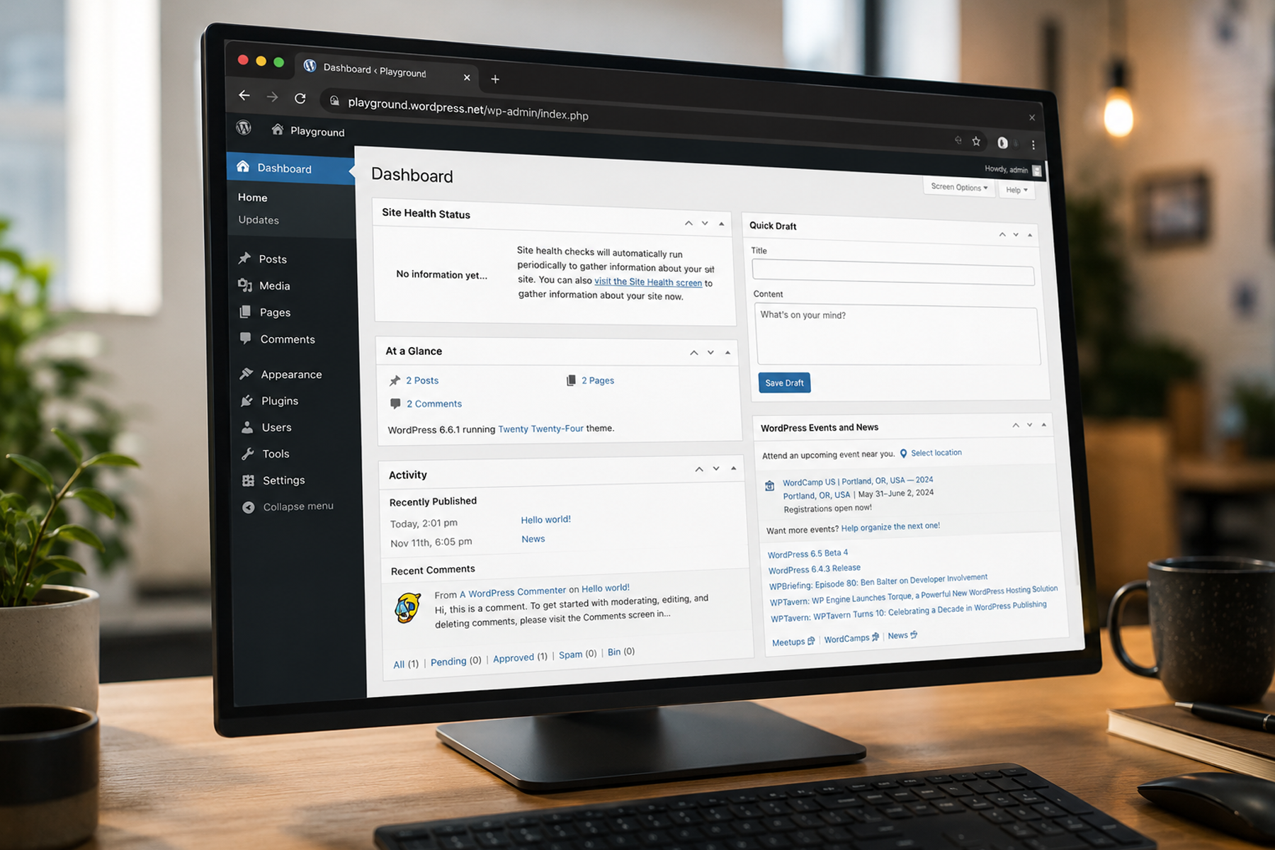 Close-up monitor showing the WordPress dashboard in a browser window during website setup in a casual office environment.