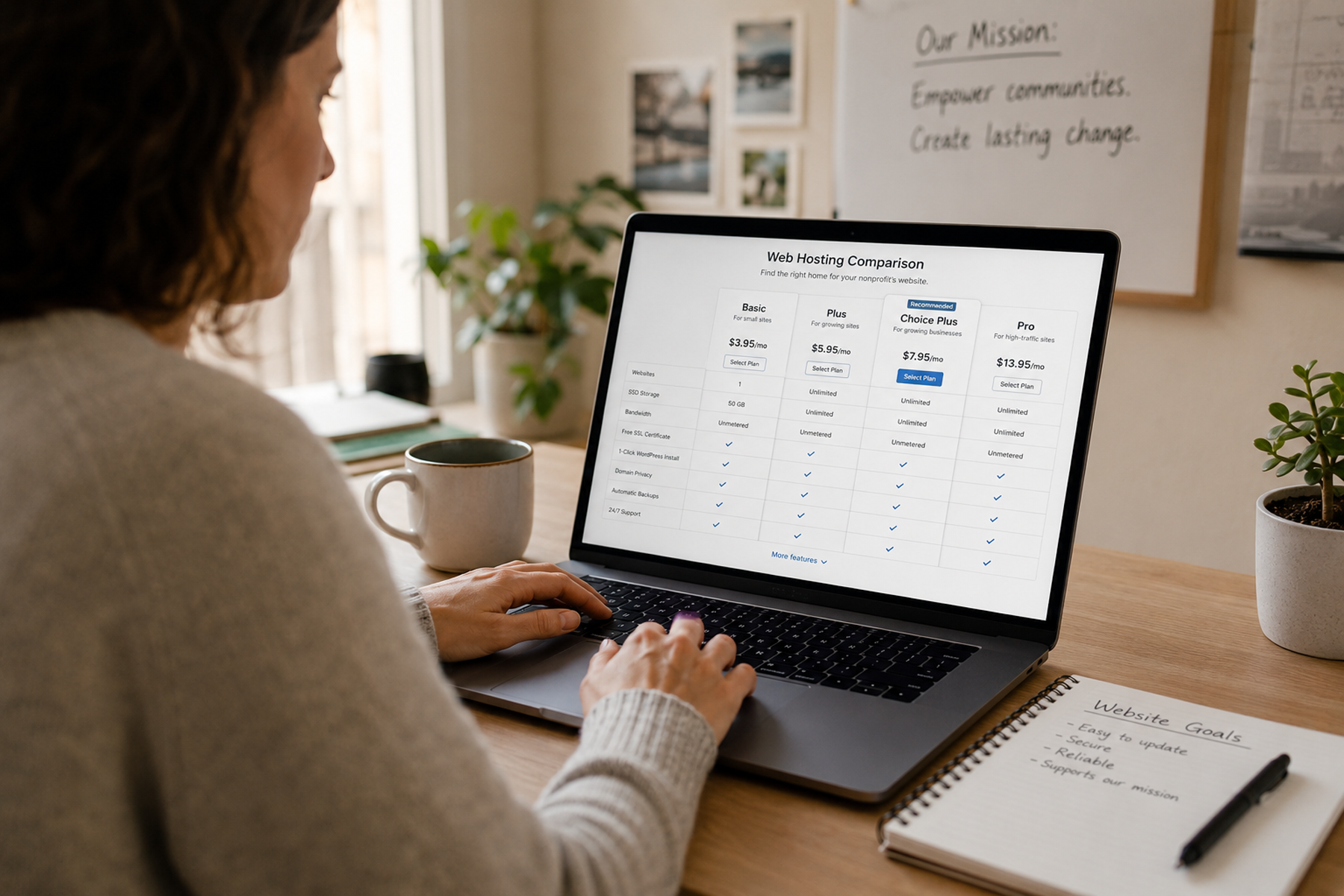 Nonprofit team member comparing web hosting plans for self-hosted WordPress on laptop