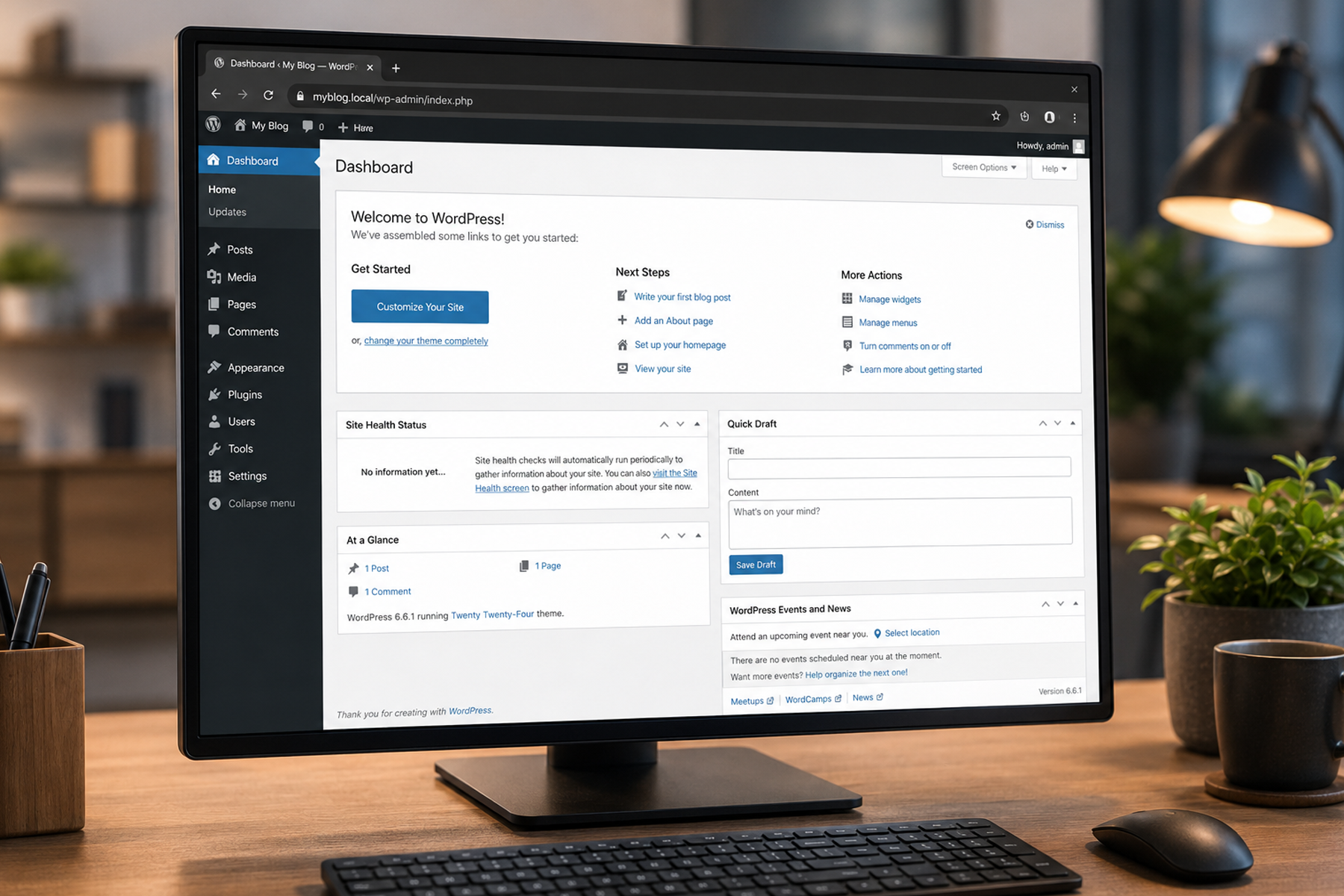 Fresh WordPress installation dashboard showing theme and plugin setup for nonprofit website