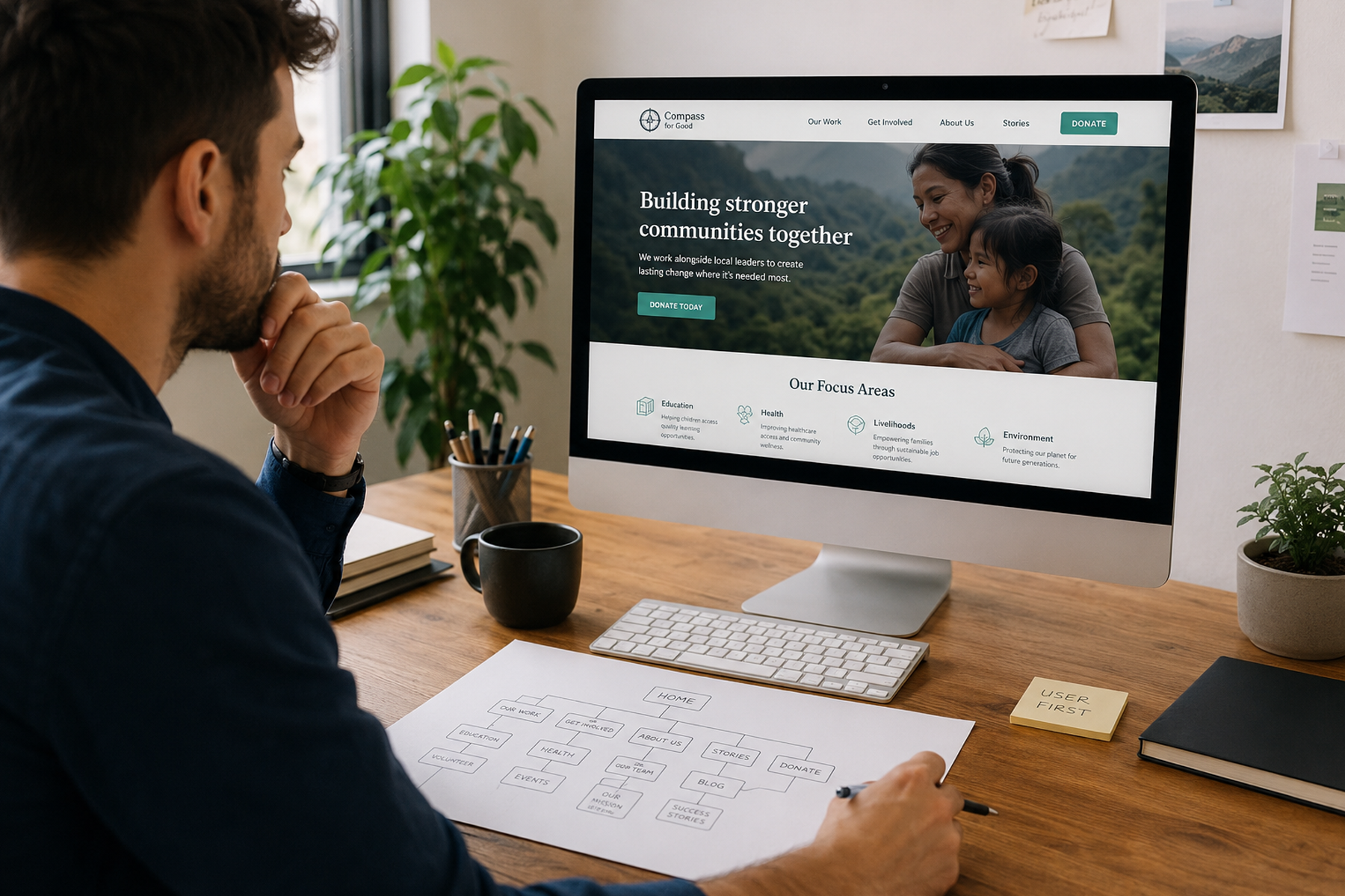 Nonprofit web designer planning essential website pages including homepage, donate, and impact pages