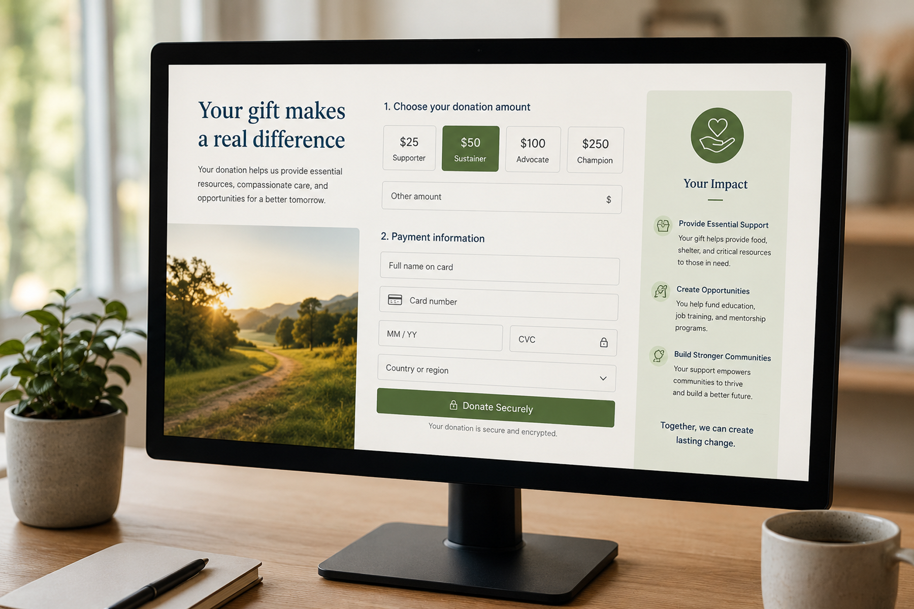 Clean nonprofit donation form interface showing amount selection and impact statement on desktop monitor