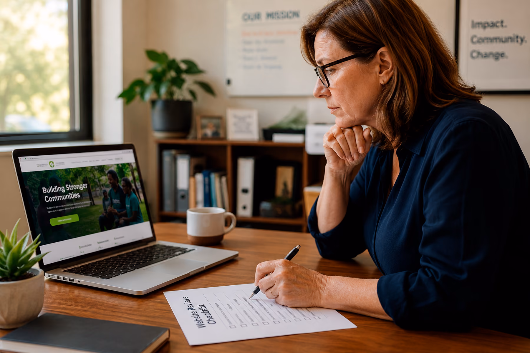Nonprofit leader reviewing website with printed checklist evaluating essential pages and features