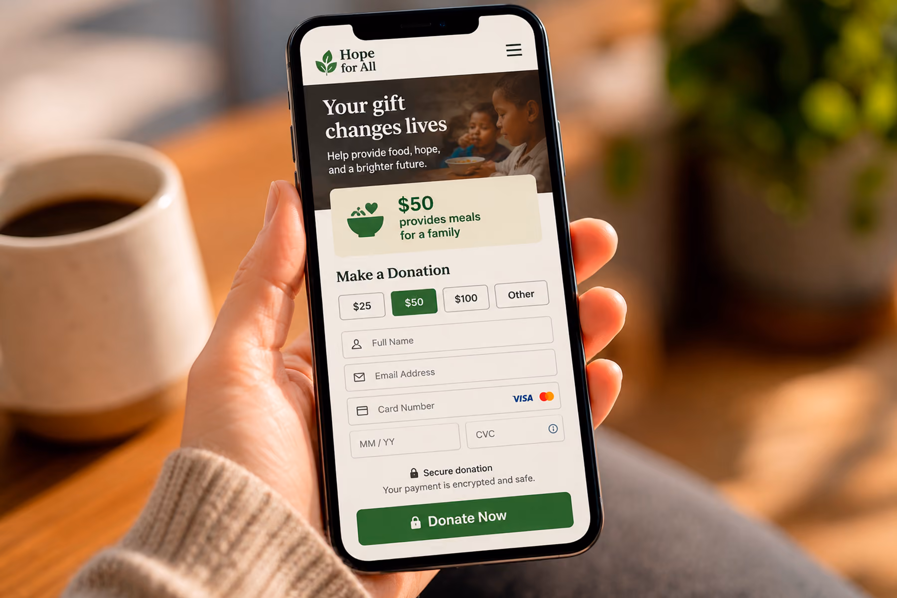 Mobile-optimized nonprofit donation page showing minimal form fields, impact statement, and clear donate button