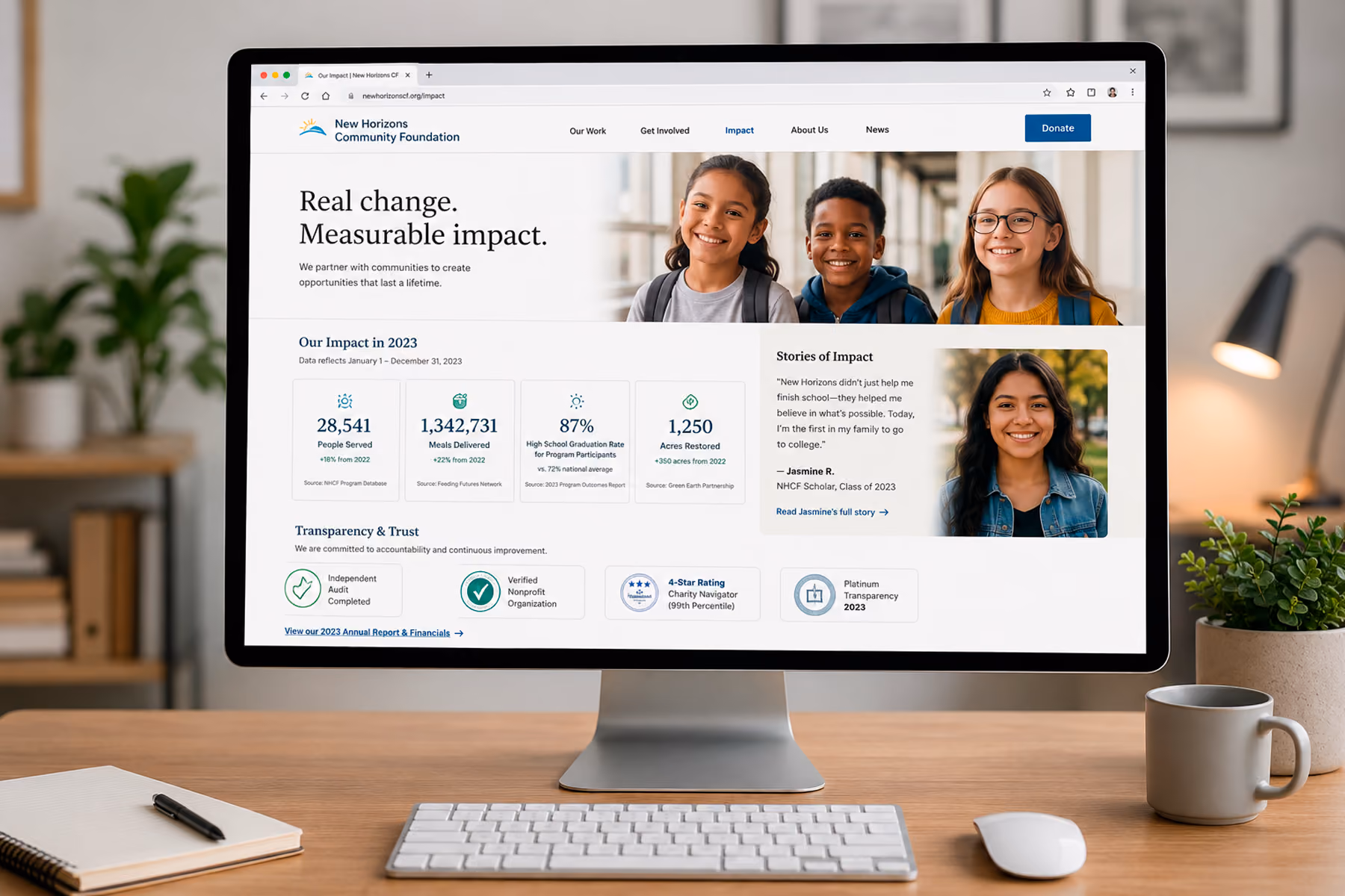Nonprofit impact page on desktop monitor showing specific statistics, beneficiary stories, and third-party validation
