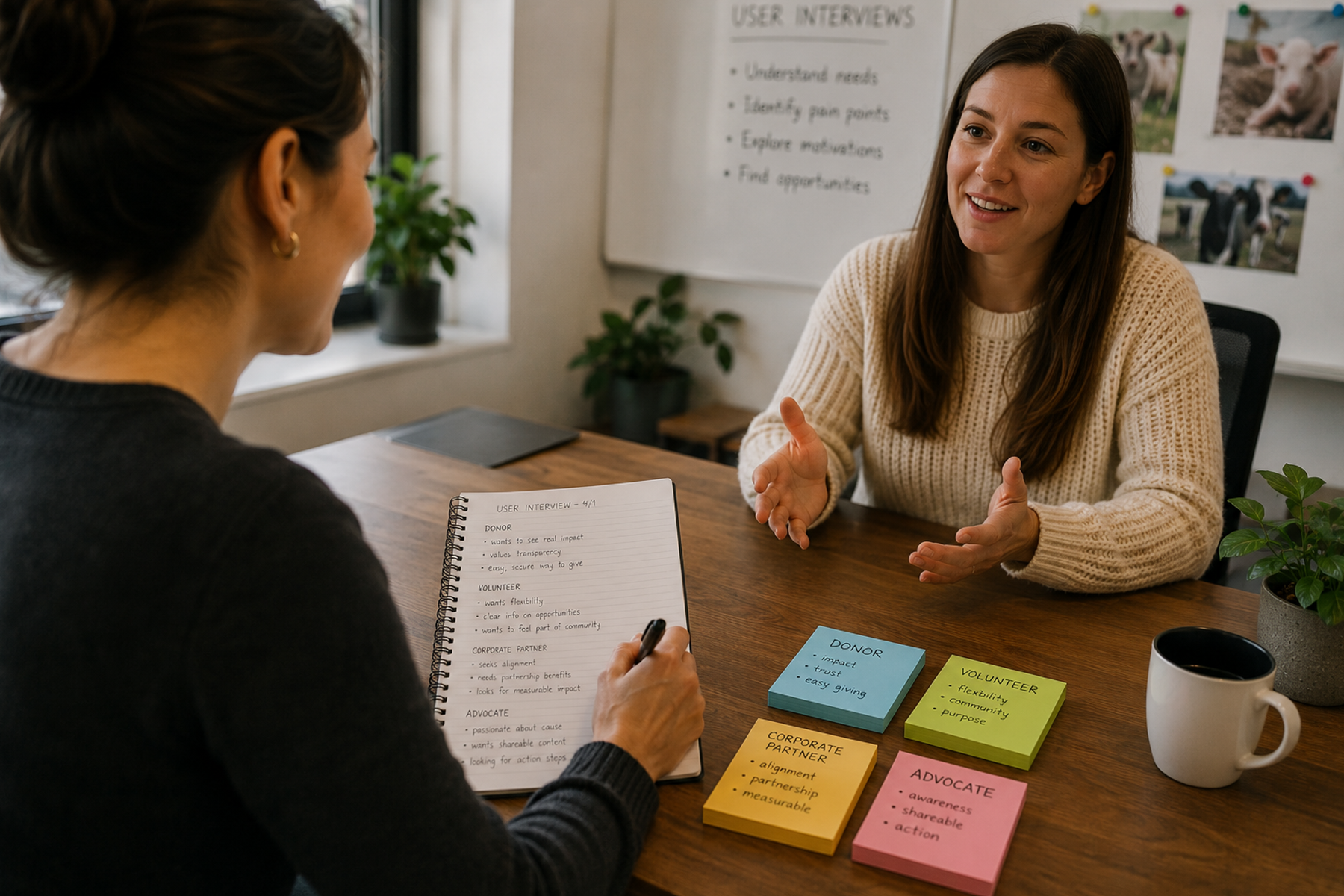 UX researcher conducting user interview with nonprofit supporter with color-coded notes organized on desk