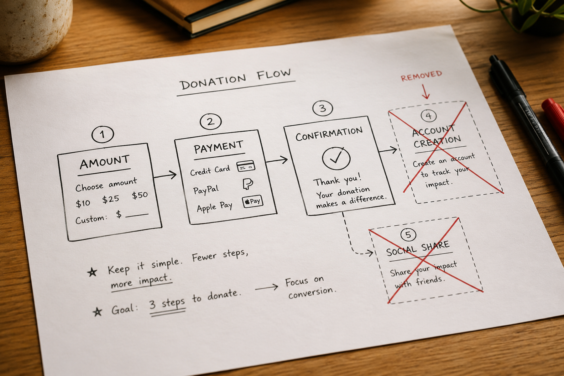 Hand-drawn nonprofit donation flow diagram showing three essential steps with unnecessary steps crossed out